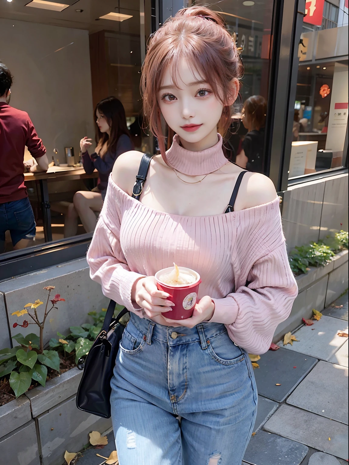 This beautiful girl is、She is a charming being with pink hair and red eyes.。Adapting to the autumn season、Wearing sweaters and jeans。The sweater is a warm crimson color、In harmony with her skin。Jeans complement the lines of the body beautifully、It allows free movement。
Her eyes were crimson.、He has a passionate eye.、I am fascinated by the beautiful scenery of autumn。Her hair is pink、Although it is fluttering in the autumn breeze、Its beauty does not change。In the hair spreads the color like autumn leaves。
She enjoys the autumn sunshine and、Appreciate the beauty of nature。Her smile is warm、Shows that you are fully enjoying the charm of autumn。This beautiful girl wears autumn fashion with confidence and charm.。