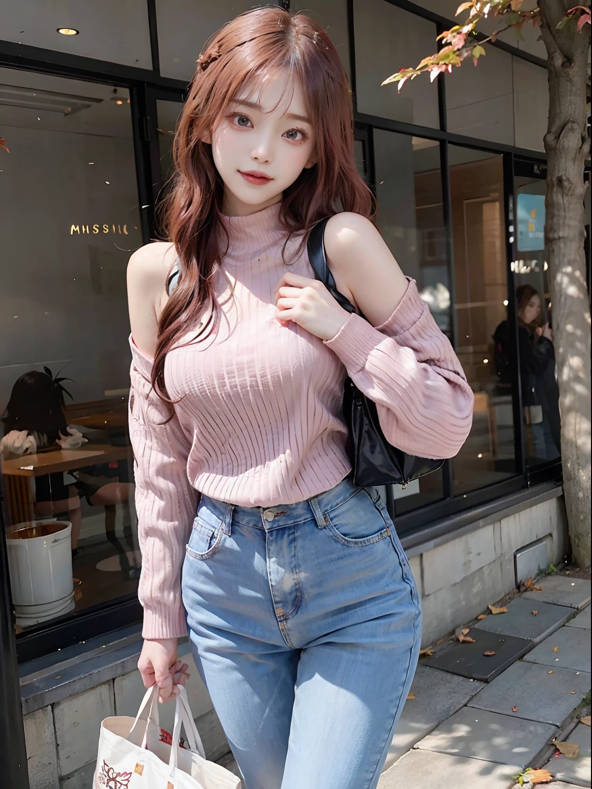 This beautiful girl is、She is a charming being with pink hair and red eyes.。Adapting to the autumn season、Wearing sweaters and jeans。The sweater is a warm crimson color、In harmony with her skin。Jeans complement the lines of the body beautifully、It allows free movement。

Her eyes were crimson.、He has a passionate eye.、I am fascinated by the beautiful scenery of autumn。Her hair is pink、Although it is fluttering in the autumn breeze、Its beauty does not change。In the hair spreads the color like autumn leaves。

She enjoys the autumn sunshine and、Appreciate the beauty of nature。Her smile is warm、Shows that you are fully enjoying the charm of autumn。This beautiful girl wears autumn fashion with confidence and charm.。