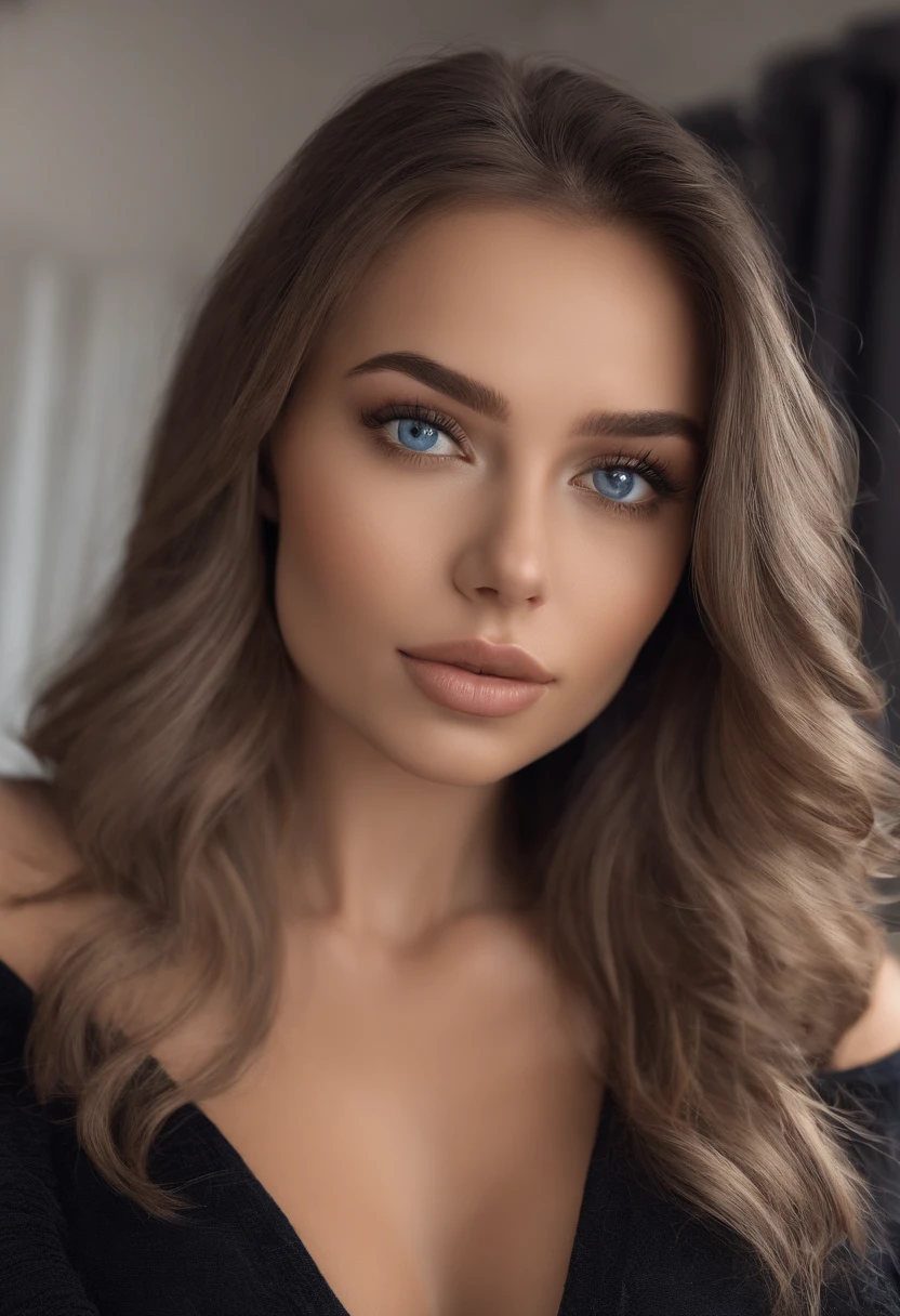 Arafed woman completely , fille sexy aux yeux bleus, ultra realist, Meticulously detailed, Portrait Sophie Mudd, cheveux blonds et grands yeux, selfie of a young woman, Yeux de chambre, Violet Myers, sans maquillage, maquillage naturel, looking straight at camera, Visage avec Artgram, Maquillage subtil, Superbe photo du corps entier dans une chambre, in the bedroom, Medium to large bust, lingerie en soie noire