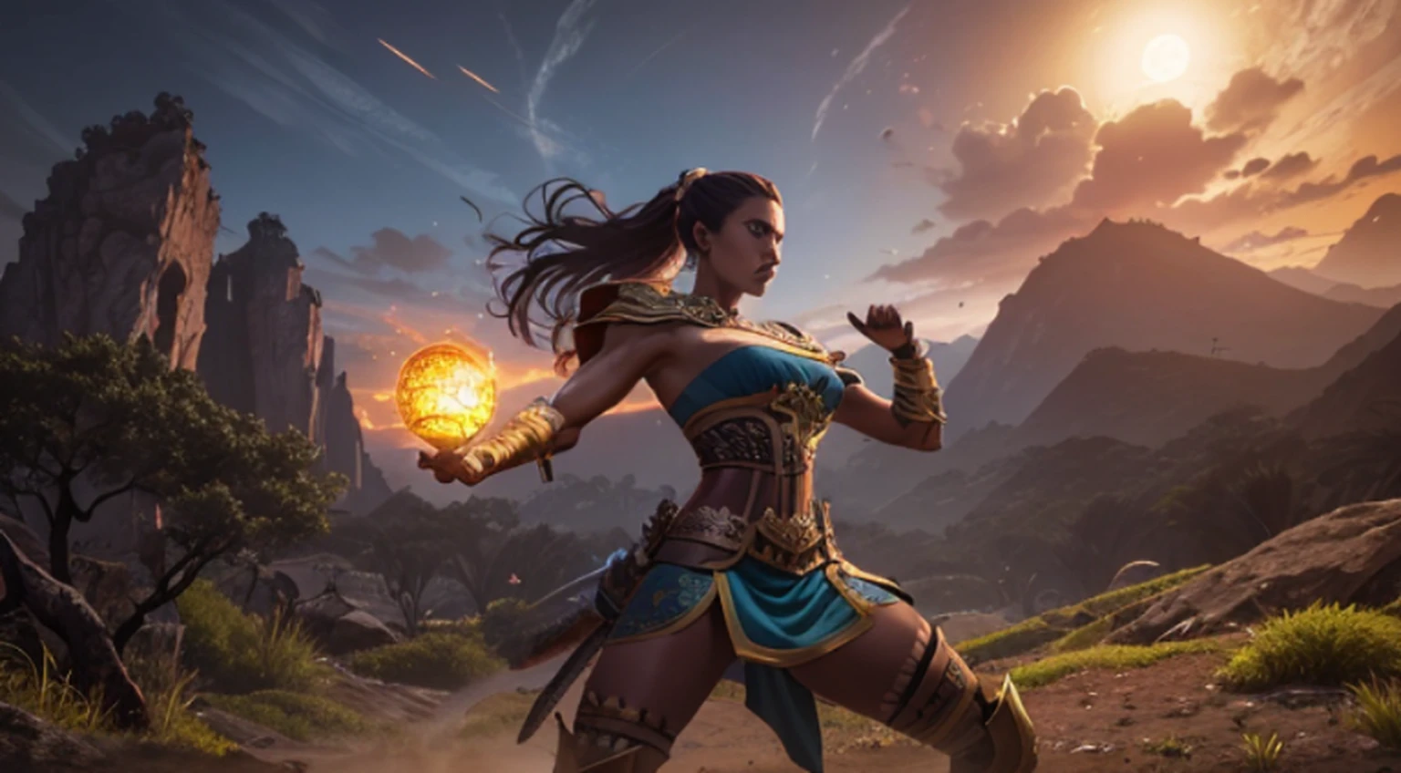 Sonia Blade from Mortal Kombat posing in a victory pose in her best outfit, (melhor qualidade, 4k, Altas, master part:1.2), ultra-detalhado, Realistic:1.37, Rosto e corpo detalhados, flowing hair, confident expression, cores vibrantes, guerreiro de artes marciais, olhos ferozes, intricate design patterns, foco nítido, postura poderosa, dynamic pose, Cinematic lighting, fantasy scenery, personagem de jogo de luta, belas paisagens ao fundo, atmosfera intensa, alto contraste, Shadows Dramatic, artistic composition, pintado digitalmente, arte conceitual do jogo, vibrant and energetic, iconic character, arte inspirada na cultura japonesa.