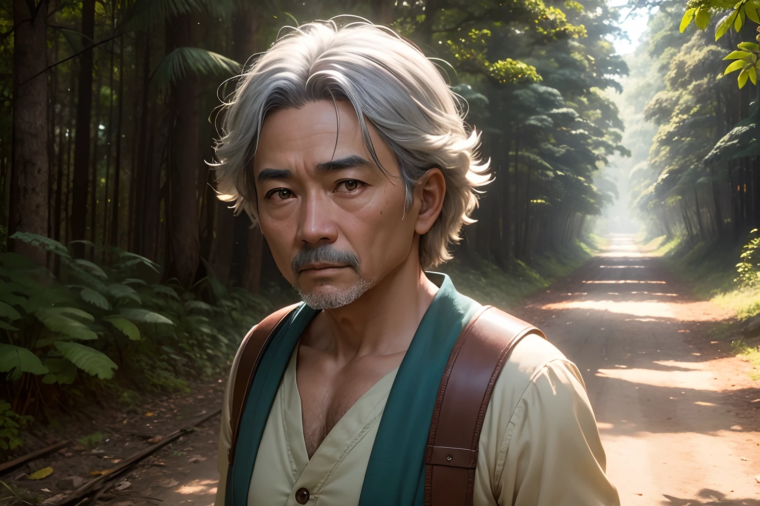 saindo da floresta Takeshi caminhando de volta para a aldeia, Carrying a sense of peace and wisdom after your encounter with Kami with face Realistic Perfection 8k Zoom