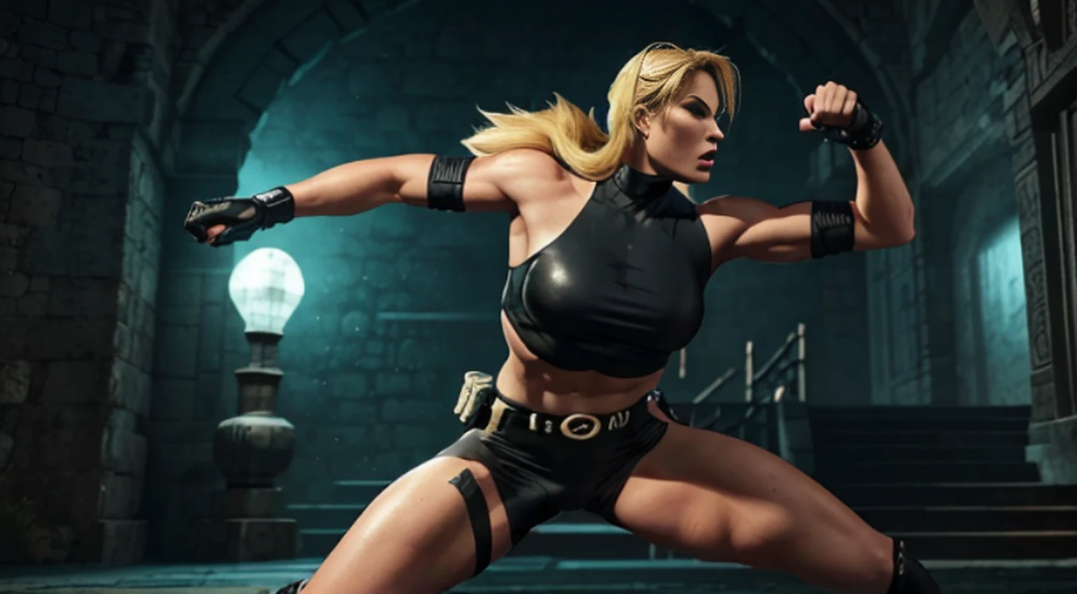 Sonya Blade from Mortal Kombat posing in a victory pose in her best outfit, (melhor qualidade, 4k, Altas, master part:1.2), ultra-detalhado, Realistic:1.37, Rosto e corpo detalhados, flowing hair, confident expression, cores vibrantes, guerreiro de artes marciais, olhos ferozes, intricate design patterns, foco nítido, postura poderosa, dynamic pose, Cinematic lighting, fantasy scenery, personagem de jogo de luta, belas paisagens ao fundo, atmosfera intensa, alto contraste, Shadows Dramatic, artistic composition, pintado digitalmente, arte conceitual do jogo, vibrant and energetic, iconic character, arte inspirada na cultura japonesa.