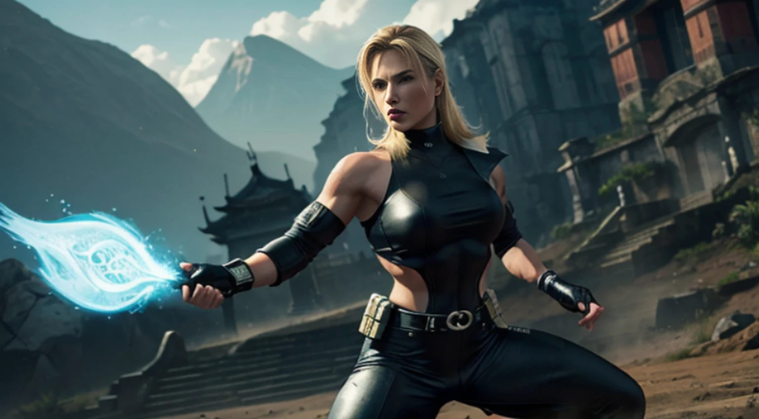 Sonya Blade from Mortal Kombat posing in a victory pose in her best outfit, (melhor qualidade, 4k, Altas, master part:1.2), ultra-detalhado, Realistic:1.37, Rosto e corpo detalhados, flowing hair, confident expression, cores vibrantes, guerreiro de artes marciais, olhos ferozes, intricate design patterns, foco nítido, postura poderosa, dynamic pose, Cinematic lighting, fantasy scenery, personagem de jogo de luta, belas paisagens ao fundo, atmosfera intensa, alto contraste, Shadows Dramatic, artistic composition, pintado digitalmente, arte conceitual do jogo, vibrant and energetic, iconic character, arte inspirada na cultura japonesa.