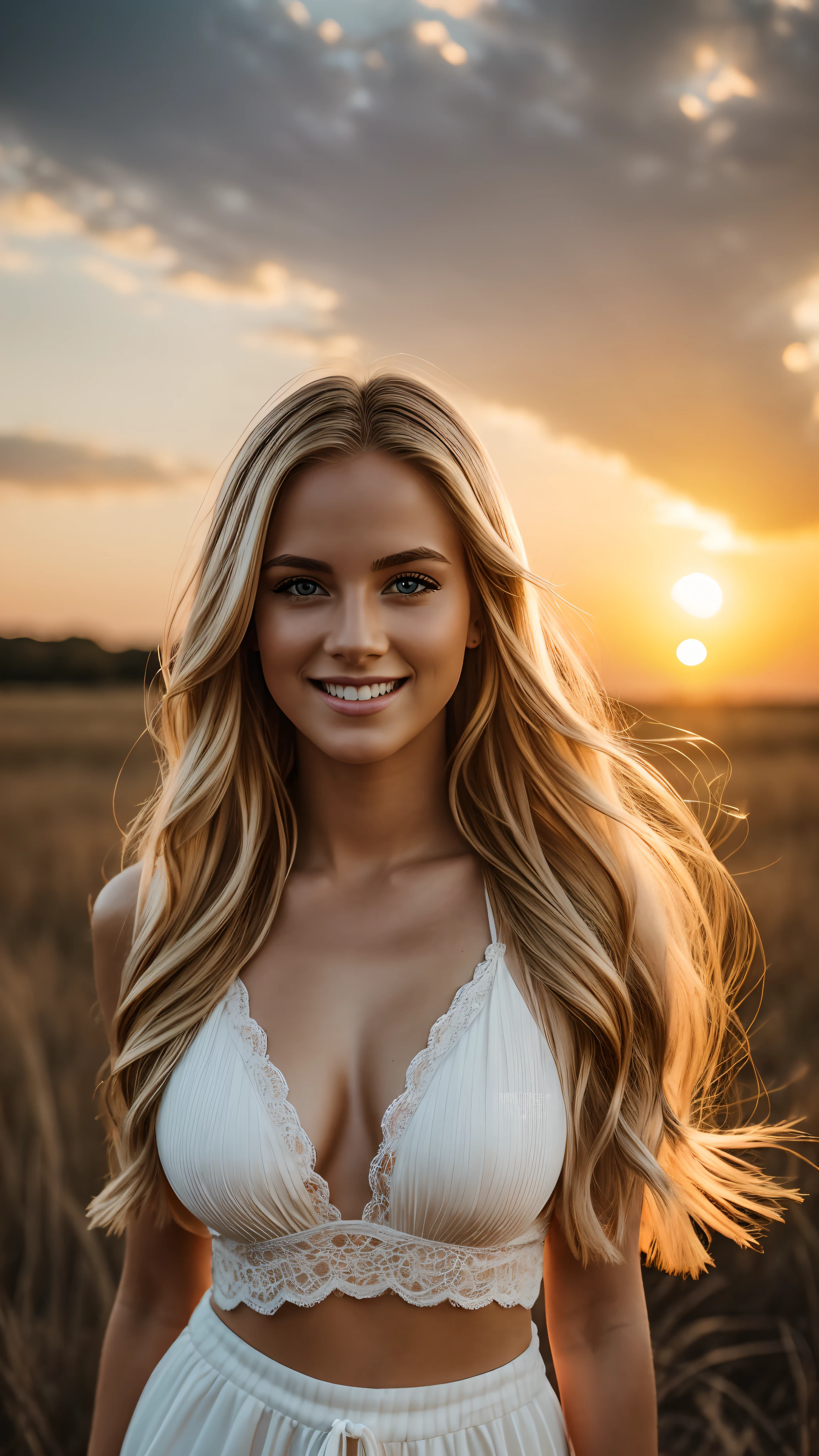 Hyper realistic and detailed full body photo of one young smiling blonde beautiful a woman. Orange Cloudy Sunset. Sharp light. perfect eyes, (Eye makeup:1.1), (highly detailed skin:1.1), RAW, analog style, sharp focus, 8k UHD, DSLR, high quality, Fujifilm XT3, grain, award winning, masterpiece.