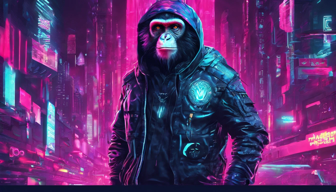 Uma figura de macaco futurista, com luzes nos olhos, Cercado pelo design de camiseta Vector VibraPrint Ready, Cyberpunk monkey illustration, side view, etiqueta, fundo branco limpo, vetor profissional, High detail, design de camisetas, grafity, vibrante nt futurista paisagem urbana.