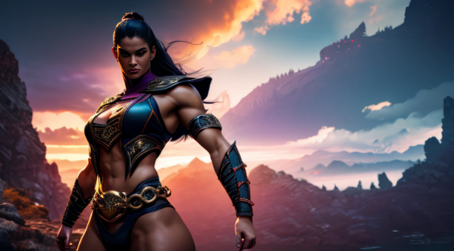 Mortal Kombat Mileena posing in victory pose in her best outfit, (melhor qualidade, 4k, Altas, master part:1.2), ultra-detalhado, Realistic:1.37, Rosto e corpo detalhados, flowing hair, confident expression, cores vibrantes, guerreiro de artes marciais, olhos ferozes, Athletic Physique, traje intrincado, intricate design patterns, foco nítido, postura poderosa, dynamic pose, Cinematic lighting, fantasy scenery, personagem de jogo de luta, belas paisagens ao fundo, atmosfera intensa, alto contraste, Shadows Dramatic, artistic composition, pintado digitalmente, arte conceitual do jogo, vibrant and energetic, iconic character, arte inspirada na cultura japonesa.