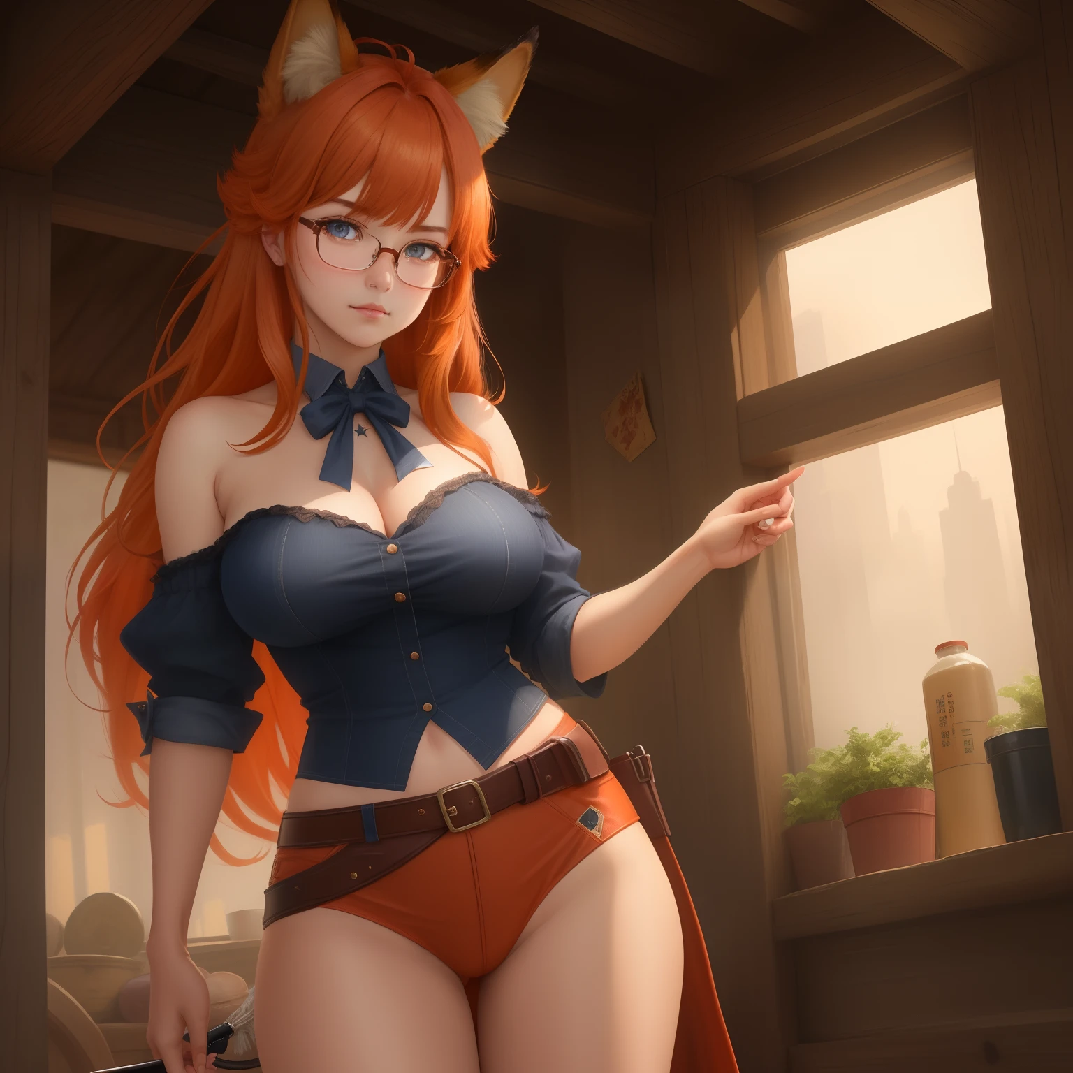 8k, masterpiece, best quality, realistic, higly detailed, cowboy shot, 1girl, solo, itsuki, serious looking girl, medium-length hair, expressive ahoge, reddish-orange hair, a pair of star-shaped hairpins near both of her eyes, dark blue eyes, average height, well-endowed figure, glasses, cute, fox of greed