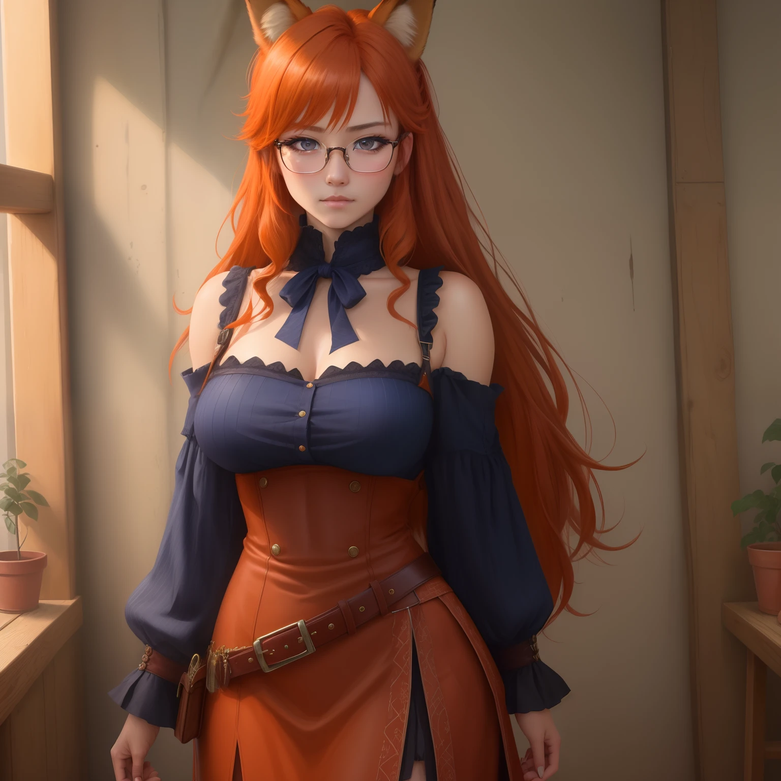 8k, masterpiece, best quality, realistic, higly detailed, cowboy shot, 1girl, solo, itsuki, serious looking girl, medium-length hair, expressive ahoge, reddish-orange hair, a pair of star-shaped hairpins near both of her eyes, dark blue eyes, average height, well-endowed figure, glasses, cute, fox of greed