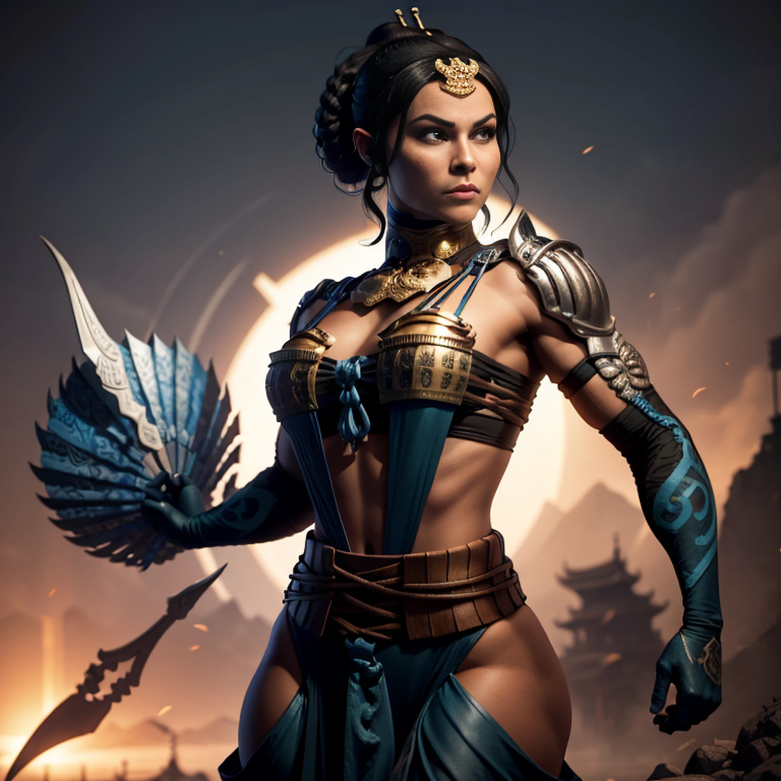 Kitana from Mortal Kombat posing in victory pose in her best outfit, (best quality, 4k, Altas, master part:1.2), ultra-detalhado, Realistic:1.37, Rosto e corpo detalhados, flowing hair, confident expression, cores vibrantes, guerreiro de artes marciais, olhos ferozes, Athletic Physique, traje intrincado, intricate design patterns, foco nítido, postura poderosa, dynamic pose, Cinematic lighting, fantasy scenery, personagem de jogo de luta, belas paisagens ao fundo, atmosfera intensa, alto contraste, Shadows Dramatic, artistic composition, pintado digitalmente, arte conceitual do jogo, vibrant and energetic, iconic character, arte inspirada na cultura japonesa.