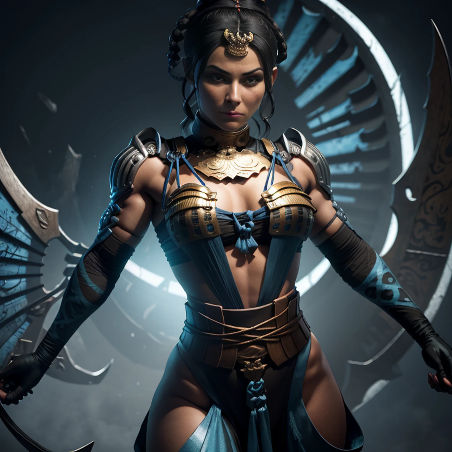 Kitana from Mortal Kombat posing in victory pose in her best outfit, (best quality, 4k, Altas, master part:1.2), ultra-detalhado, Realistic:1.37, Rosto e corpo detalhados, flowing hair, confident expression, cores vibrantes, guerreiro de artes marciais, olhos ferozes, Athletic Physique, traje intrincado, intricate design patterns, foco nítido, postura poderosa, dynamic pose, Cinematic lighting, fantasy scenery, personagem de jogo de luta, belas paisagens ao fundo, atmosfera intensa, alto contraste, Shadows Dramatic, artistic composition, pintado digitalmente, arte conceitual do jogo, vibrant and energetic, iconic character, arte inspirada na cultura japonesa.