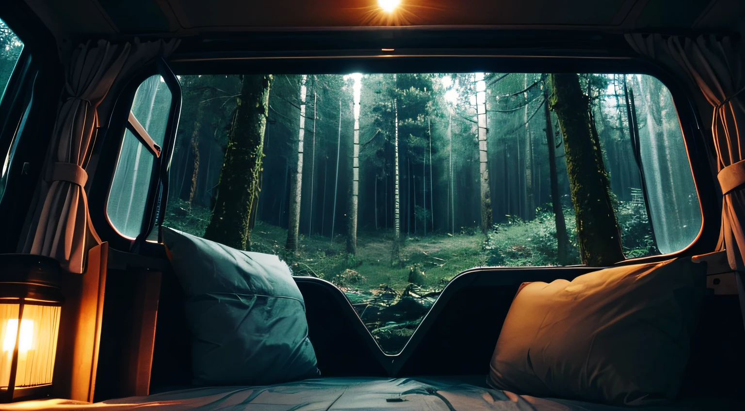 Inside a campervan at night standing next to a forest on a rainy day