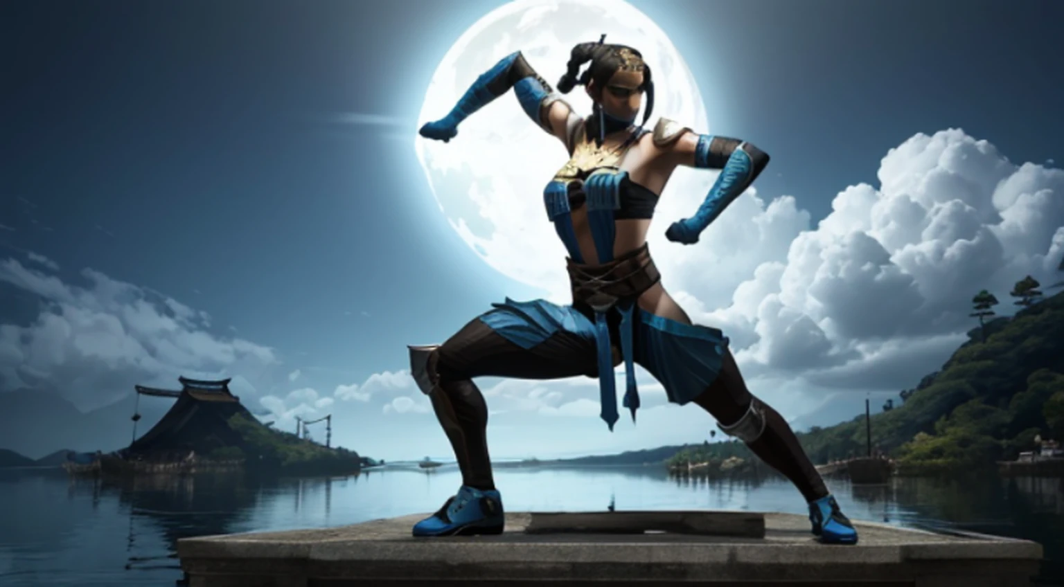 Kitana from Mortal Kombat posing in victory pose in her best outfit, (melhor qualidade, 4k, Altas, master part:1.2), ultra-detalhado, Realistic:1.37, Rosto e corpo detalhados, flowing hair, confident expression, cores vibrantes, guerreiro de artes marciais, olhos ferozes, Athletic Physique, traje intrincado, intricate design patterns, foco nítido, postura poderosa, dynamic pose, Cinematic lighting, fantasy scenery, personagem de jogo de luta, belas paisagens ao fundo, atmosfera intensa, alto contraste, Shadows Dramatic, artistic composition, pintado digitalmente, arte conceitual do jogo, vibrant and energetic, iconic character, arte inspirada na cultura japonesa.