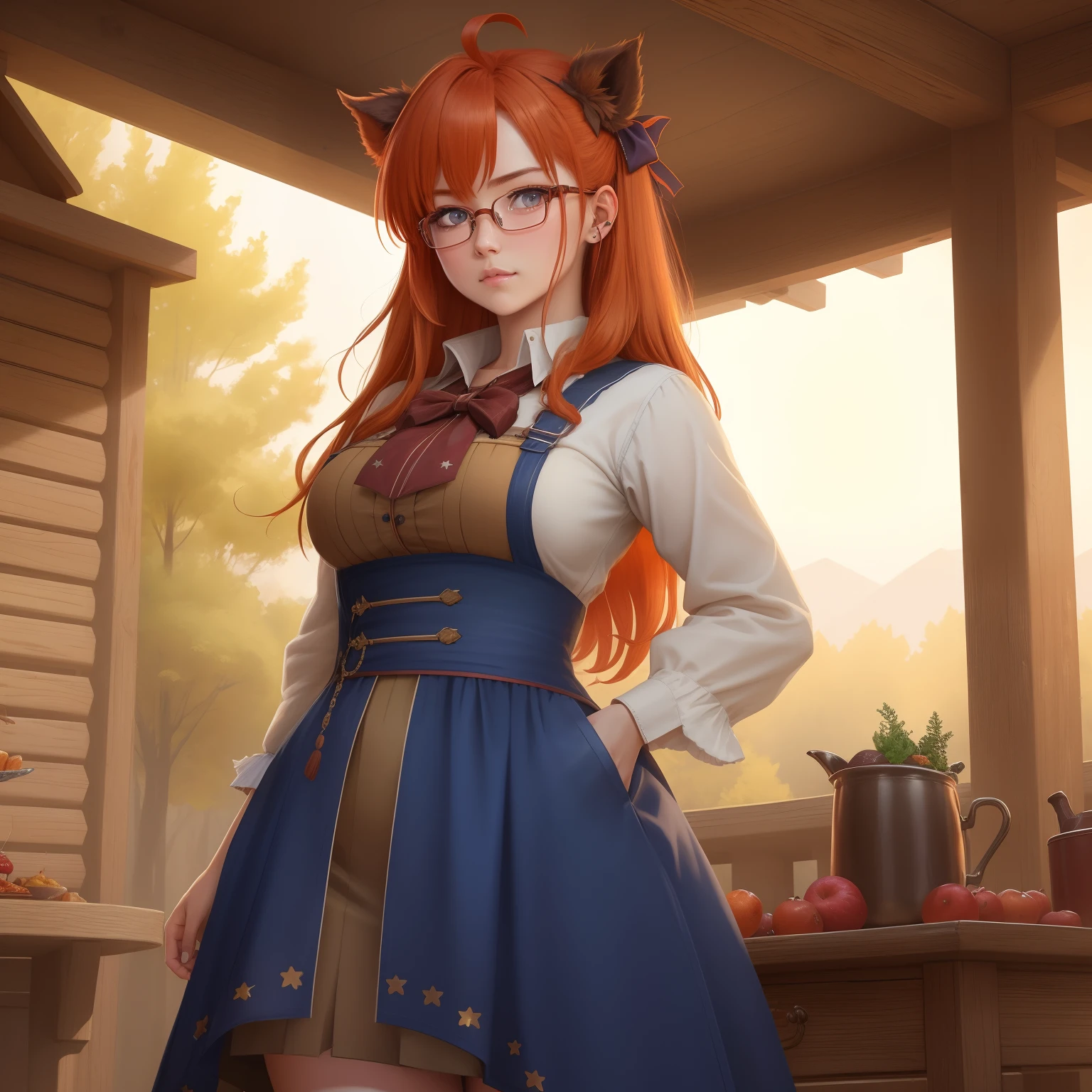 8k, masterpiece, best quality, realistic, higly detailed, cowboy shot, 1girl, solo, itsuki, serious looking girl, medium-length hair, expressive ahoge, reddish-orange hair, a pair of star-shaped hairpins near both of her eyes, dark blue eyes, average height, well-endowed figure, glasses, cute, boar of gluttony