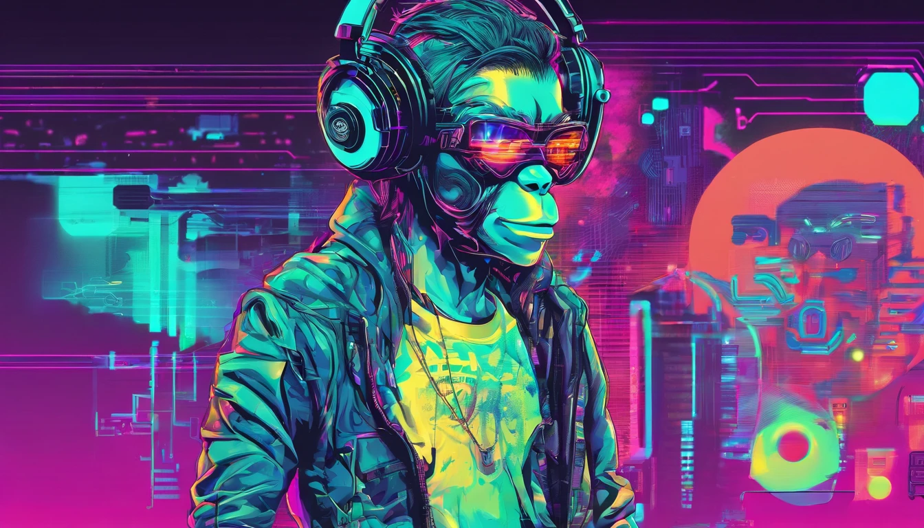 Uma figura de macaco dj futurista, com luzes nos olhos, Cercado pelo design de camiseta Vector VibraPrint Ready, Cyberpunk monkey illustration, side view, etiqueta, fundo branco limpo, vetor profissional, design de camisetas, grafity, vibrante nt futurista paisagem urbana.