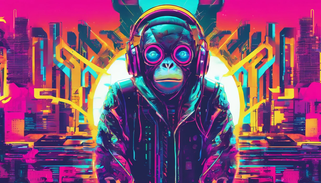 Uma figura de macaco dj futurista, com luzes nos olhos, Cercado pelo design de camiseta Vector VibraPrint Ready, Cyberpunk monkey illustration, side view, etiqueta, fundo branco limpo, vetor profissional, design de camisetas, grafity, vibrante nt futurista paisagem urbana.