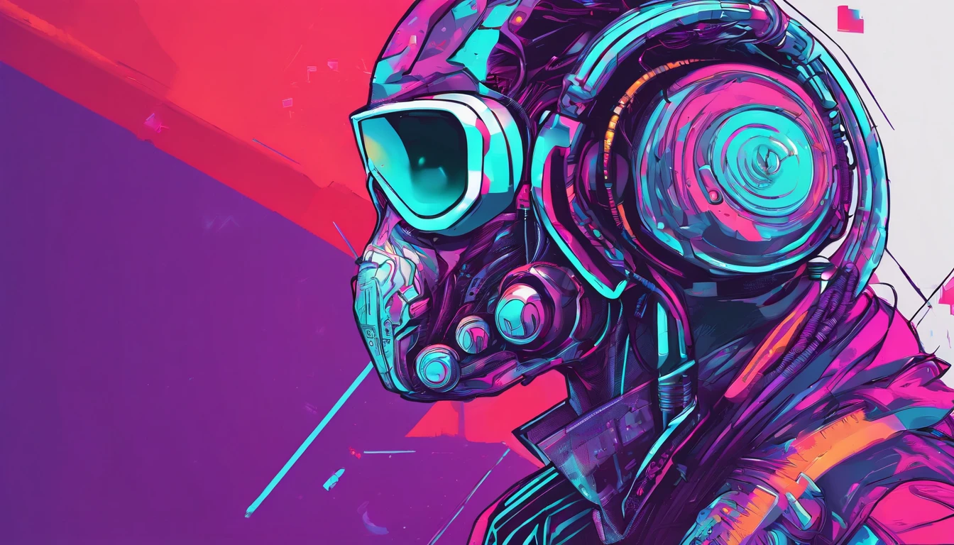 Uma figura de macaco dj futurista, com luzes nos olhos, Cercado pelo design de camiseta Vector VibraPrint Ready, Cyberpunk monkey illustration, side view, etiqueta, fundo branco limpo, vetor profissional, design de camisetas, grafity, vibrante nt futurista paisagem urbana.