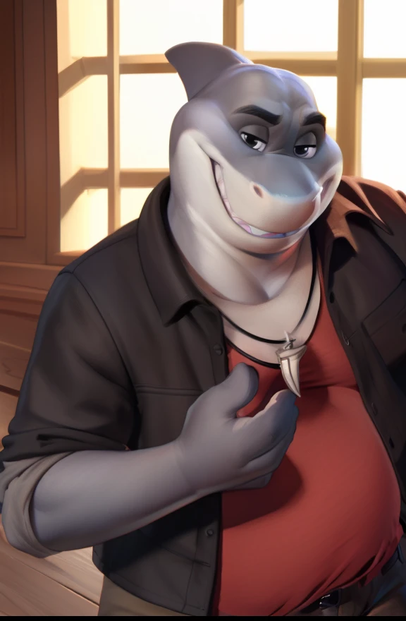 mr shark, plump, fat, belly, black eyes, (pose:1.3), (posing:1.3), (soft shading), 4k, hi res, laughing, happy, five fingers, detailed hands, ((detailed face, (detailed eyes:1.0), detailed)), (full body), by zackarry911, by zaush, (by personalami:0.5), looking at viewer, shirt, 1boy, jacket, male focus, open clothes, pants, red shirt, dog tags, dark grey pants, ((giant head, huge head, big head))