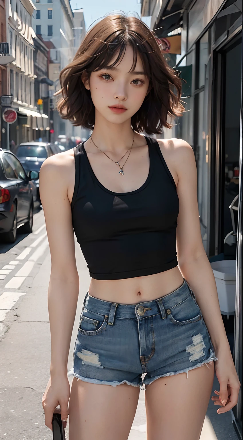 ((medium chest, tomboy girls, small head)), (chiselled abdomen: 1.1), (perfect body: 1.1), (short wavy hair: 1.2), light orange hair, collar, chain, full body photo, dojo, wearing black tank top, denim jacket, ((shorts)), (extremely detailed CG 8k wallpaper), (an extremely delicate and beautiful masterpiece), (best quality: 1.0), (high resolution: 1.0), beautiful lighting, perfect lighting,  Realistic shadows, [Highres], Detailed skin, ultra-detailed (((color)))