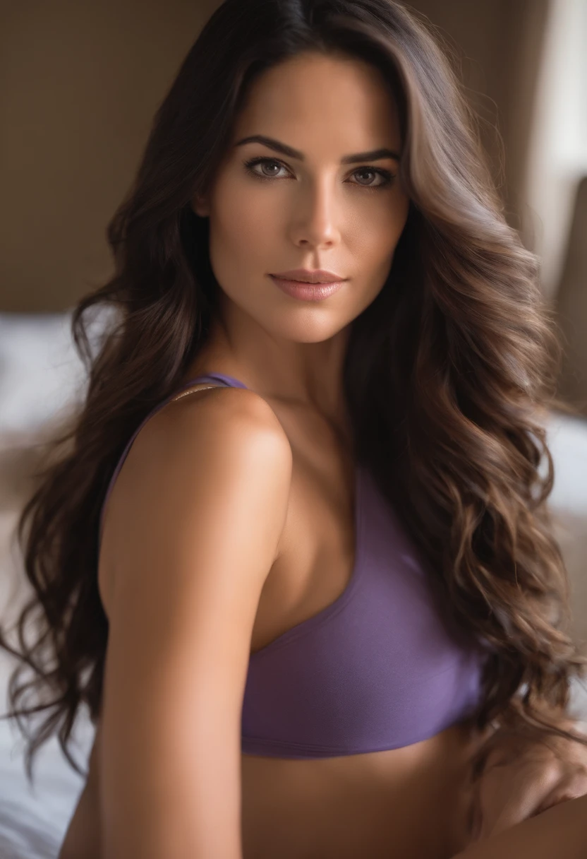 arafed woman with matching tank top and panties, sexy girl with brown eyes, portrait Olivia Munn, brown hair and large eyes, selfie of a young woman, bedroom eyes, violet myers, without makeup, natural makeup, looking directly at the camera, face with artgram, subtle makeup, stunning full body shot, in bedroom, cleavage