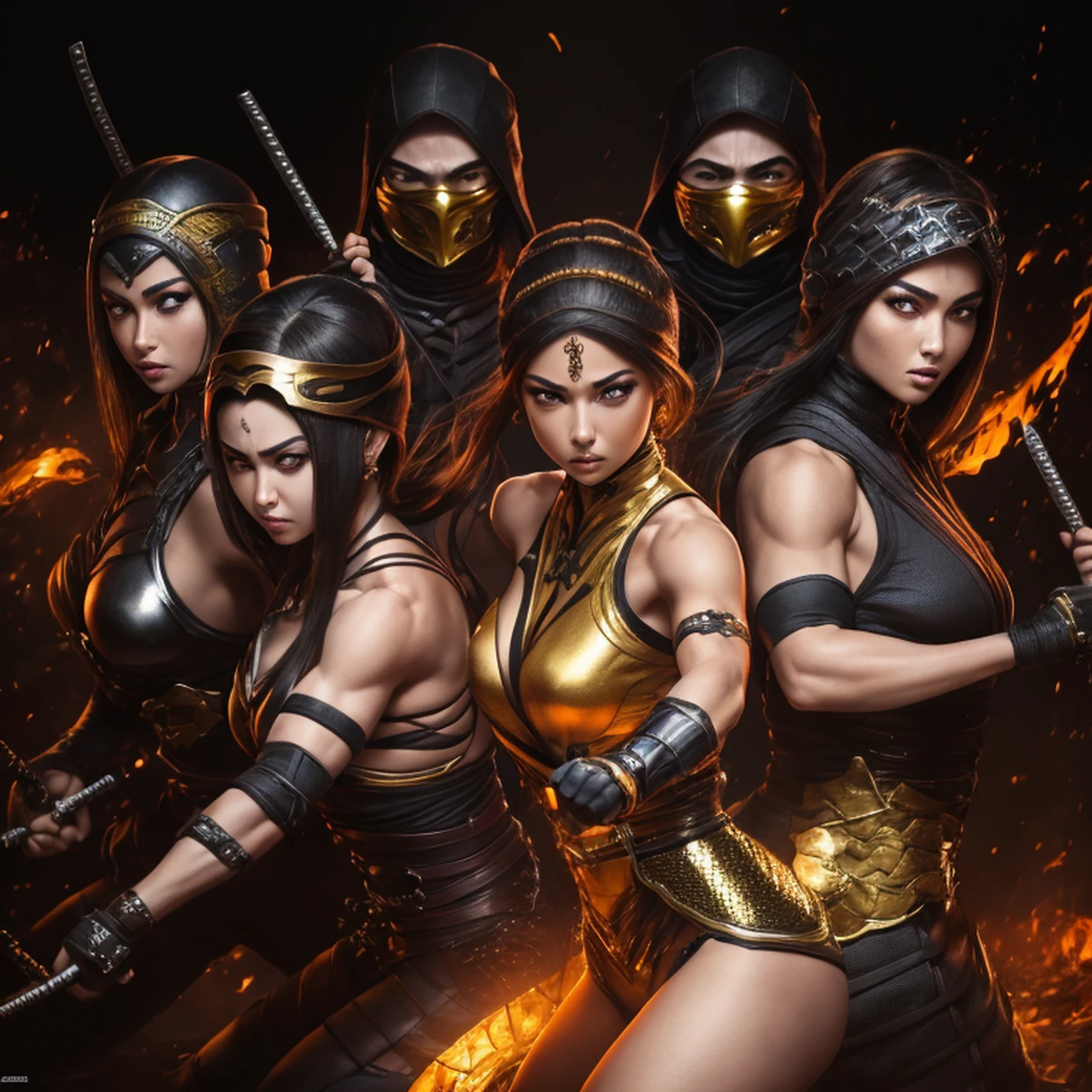 1girl, corpo inteiro e super detalhado, Cute female MKSCORPION battle pose with group of ninjas, olhos amarelos brilhantes, fogo, laranja, Sparks, energia, aura, Whirlwind Fire, ornamentado, detalhe,