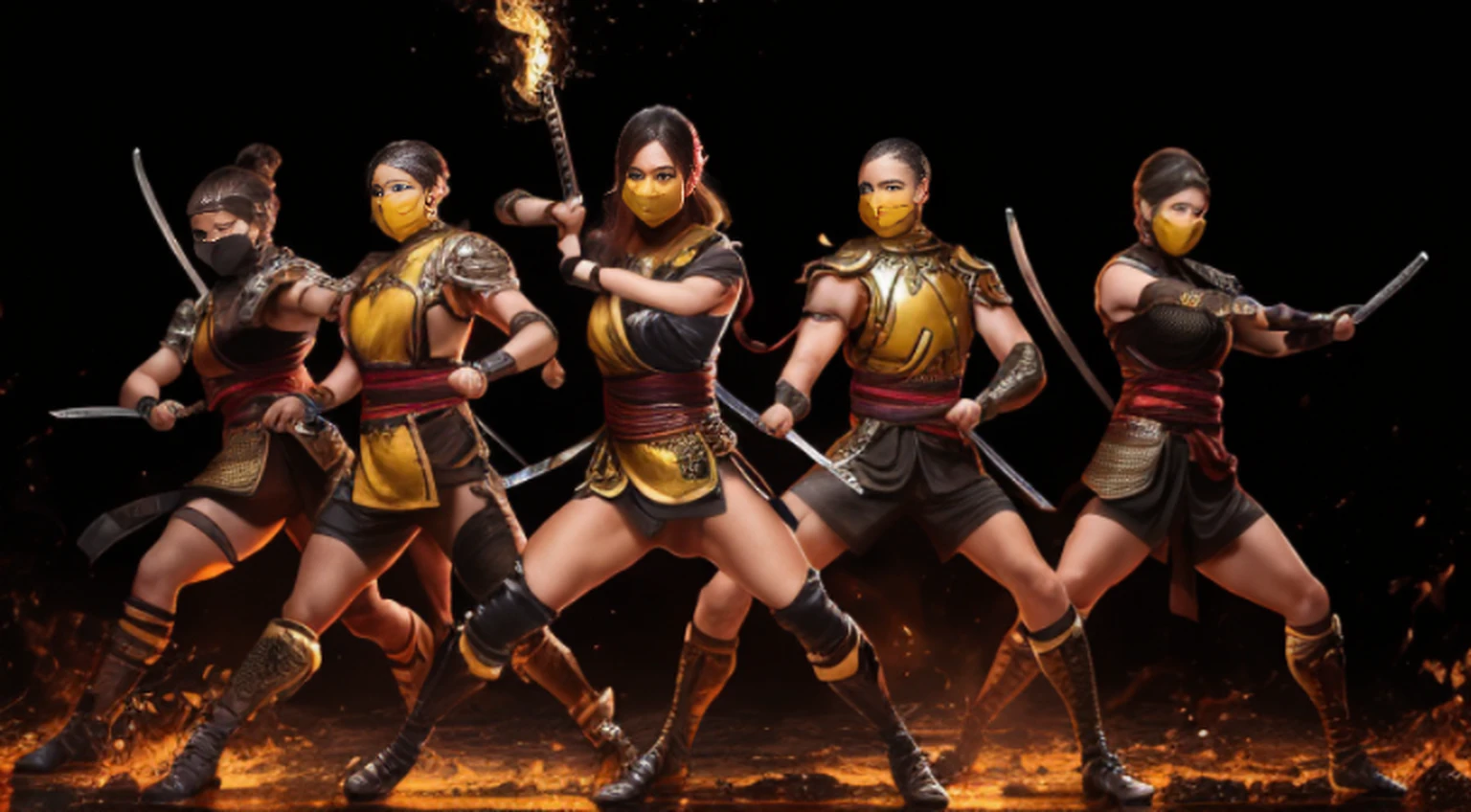 1girl, corpo inteiro e super detalhado, Cute female MKSCORPION battle pose with group of ninjas, olhos amarelos brilhantes, fogo, laranja, Sparks, energia, aura, Whirlwind Fire, ornamentado, detalhe,