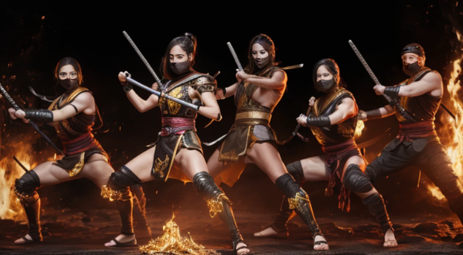 1girl, corpo inteiro e super detalhado, Cute female MKSCORPION battle pose with group of ninjas, olhos amarelos brilhantes, fogo, laranja, Sparks, energia, aura, Whirlwind Fire, ornamentado, detalhe,