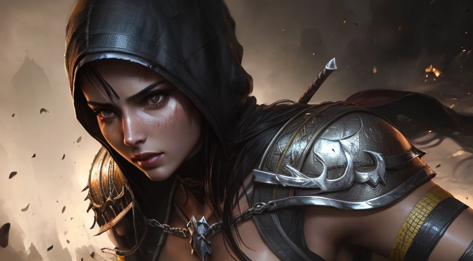 1girl, corpo inteiro e super detalhado, pose de batalha, scorpion from mortal kombat, olhos brancos detalhados, armadura bladk e amarela, capuz, veins in your arm, intrincado, alto detalhe, foco nítido, Dramatic and Photorealistic Painting Art by Greg Rutkowski