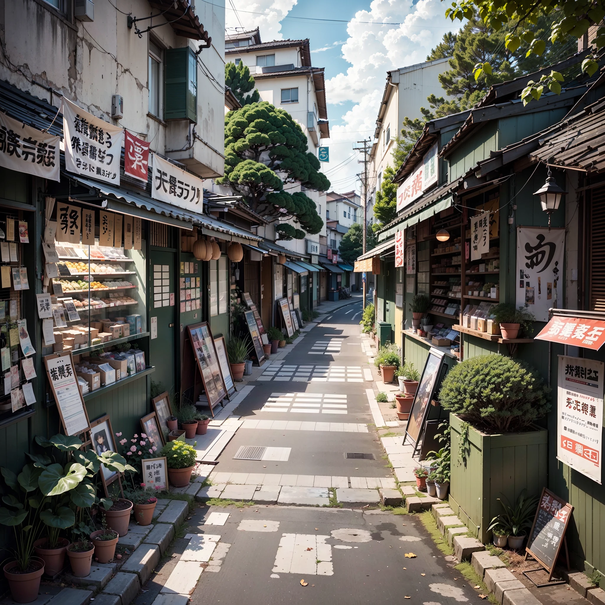 abandoned, slightly overgrown, empty, modern suburban Japanese street. closed shops on either side of the street. trees. plants. plant pots. rocks. air ventilation systems. road works. big Japanese shop signs. retro Japanese shop signs. anime style, anime, lofi style, lofi. gloomy weather, sun emerging from clouds. (no one: 1), no people. best quality