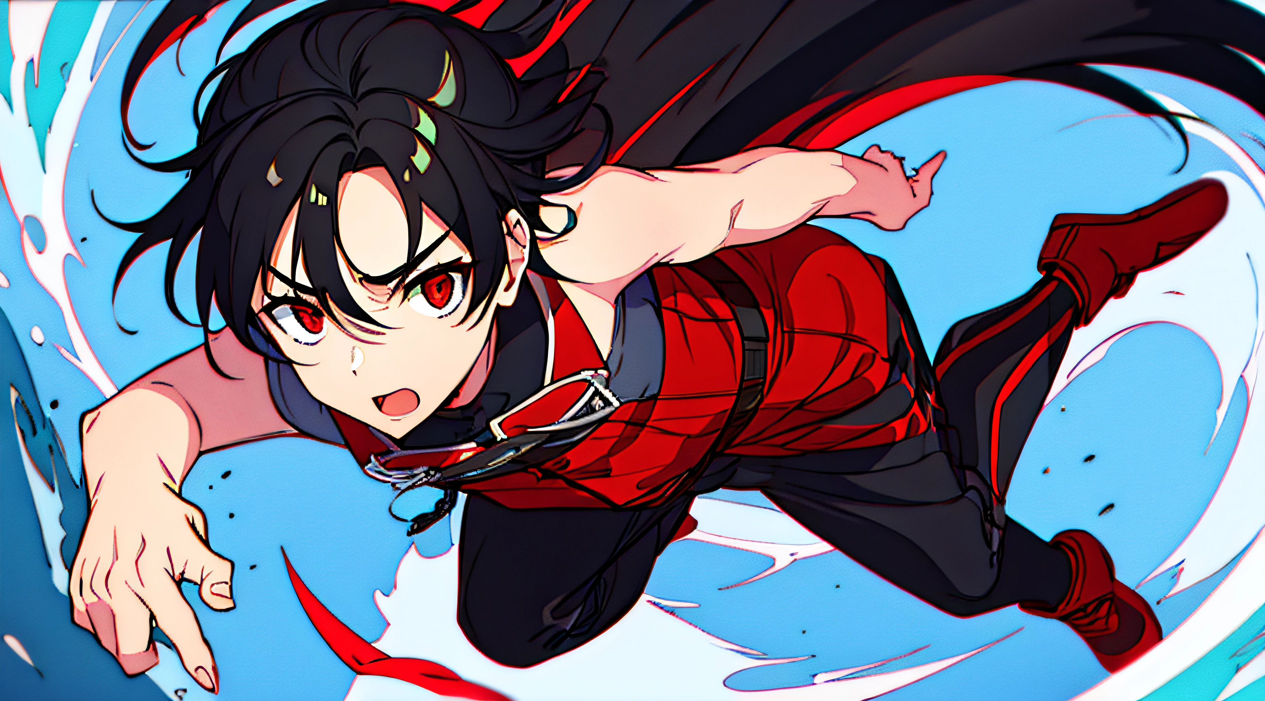 cute boy , black hair , red eyes , jump