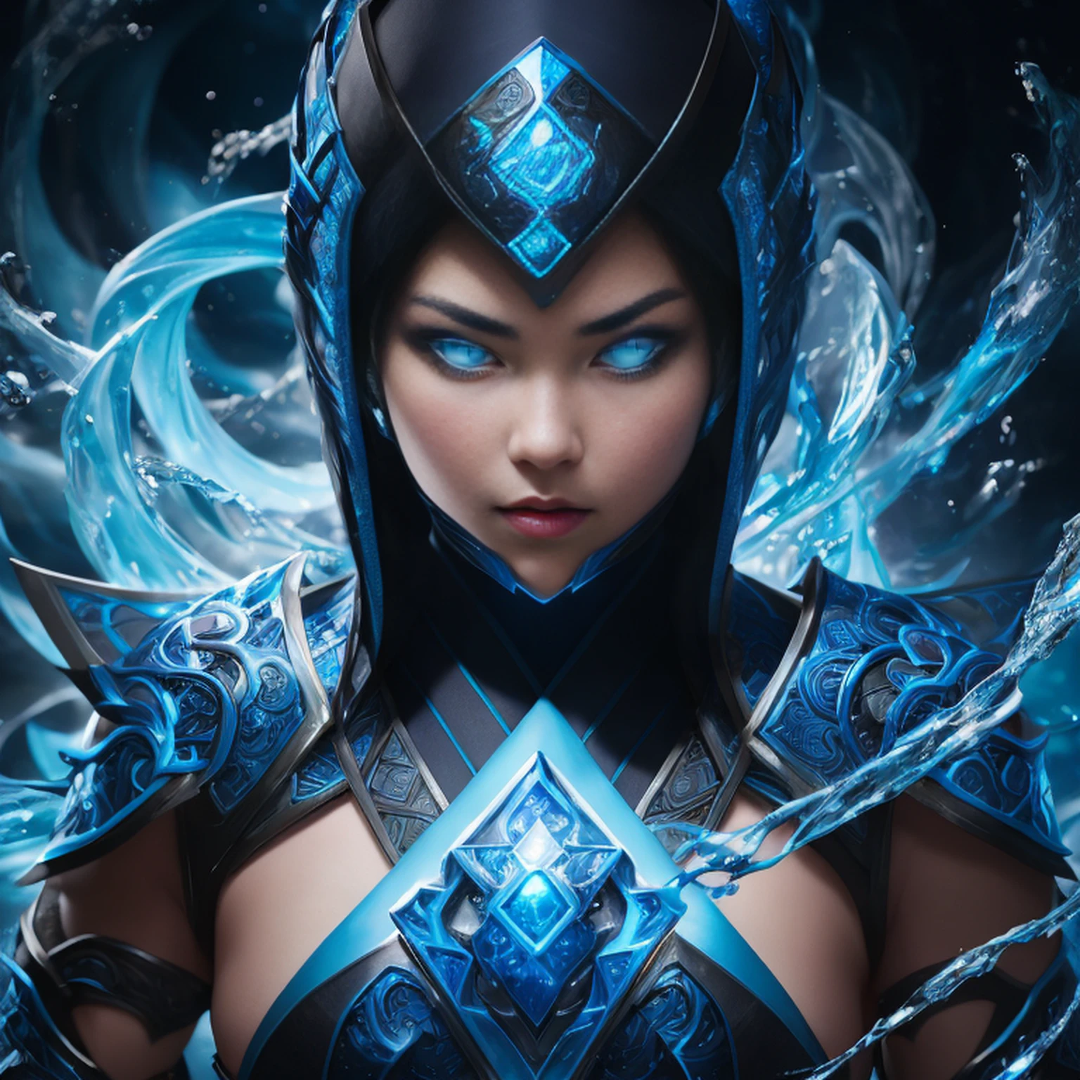 1girl, portrait of female cute mksubzero battle with group of ninja, glowing blue eyes, ice, blue, cold, energy, aura, swirl water, ornate, detail,