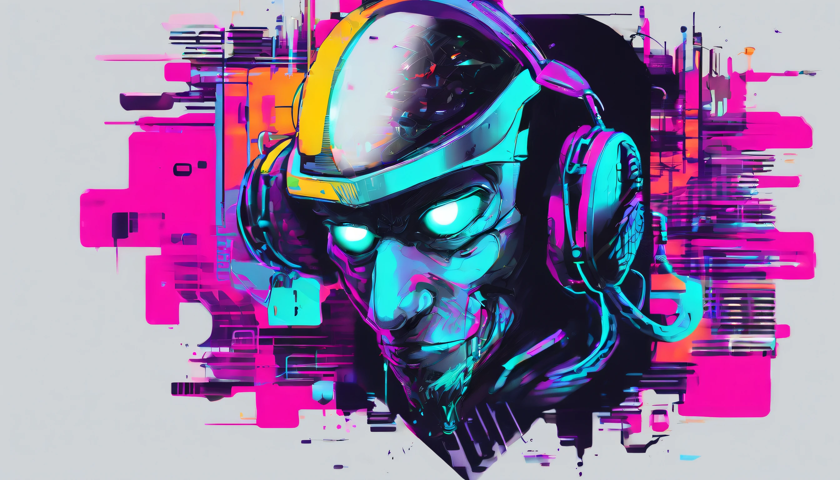 Uma figura de macaco dj futurista, com luzes nos olhos, Cercado pelo design de camiseta Vector VibraPrint Ready, Cyberpunk monkey illustration, side view, etiqueta, vetor profissional, design de camisetas, grafity, vibrante nt futurista paisagem urbana.