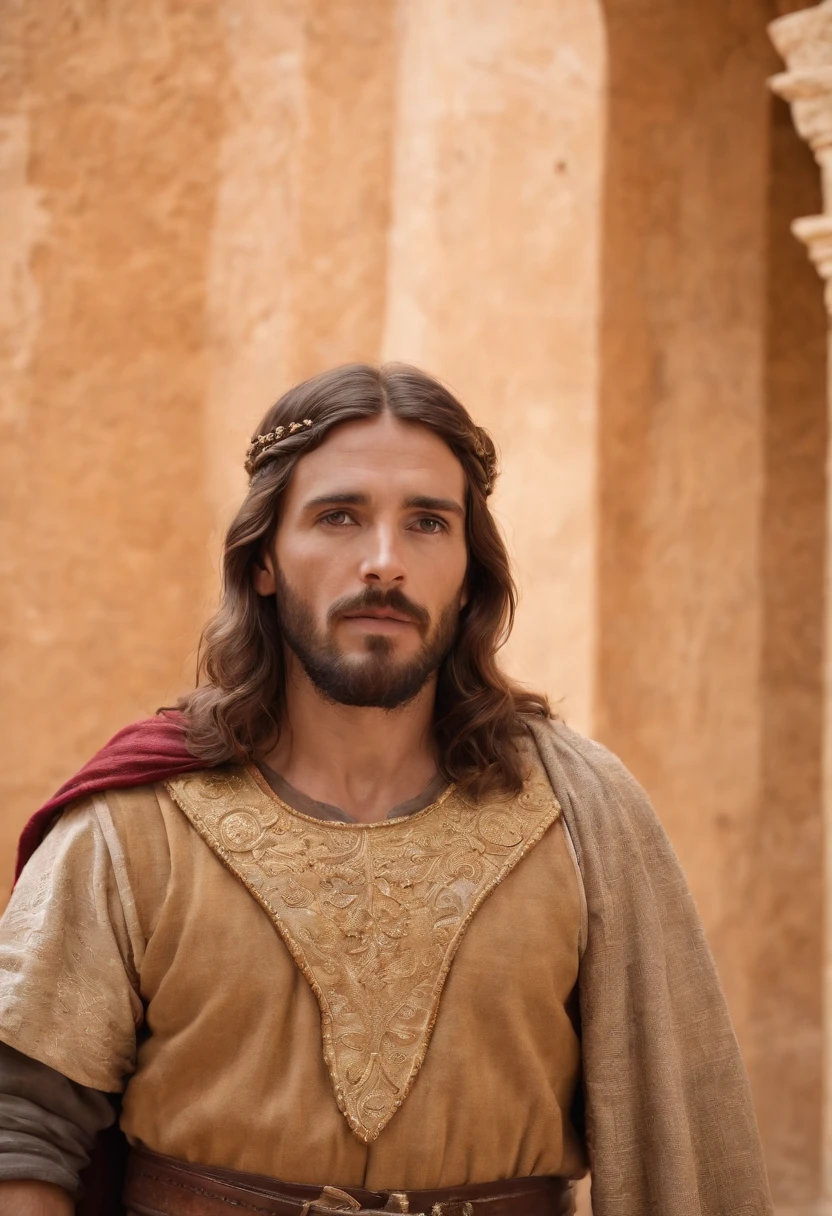 Jesus de cabelos castanhos e brancos, A light beard and a whole body dressed as a warrior standing in the palaces of Andalusia ,Mosaico marroquino,Zellige marroquino,The whole body looks at the camera holding a cross