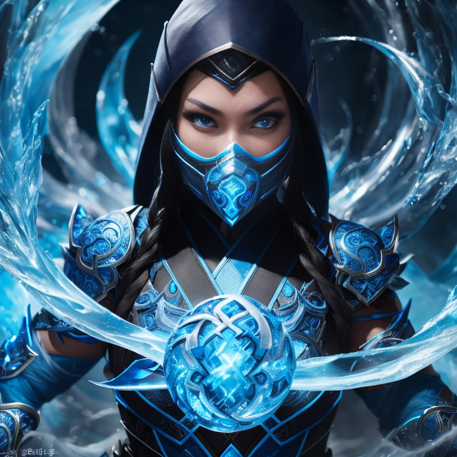 1girl, portrait of female cute mksubzero battle with group of ninja, glowing blue eyes, ice, blue, cold, energy, aura, swirl water, ornate, detail,