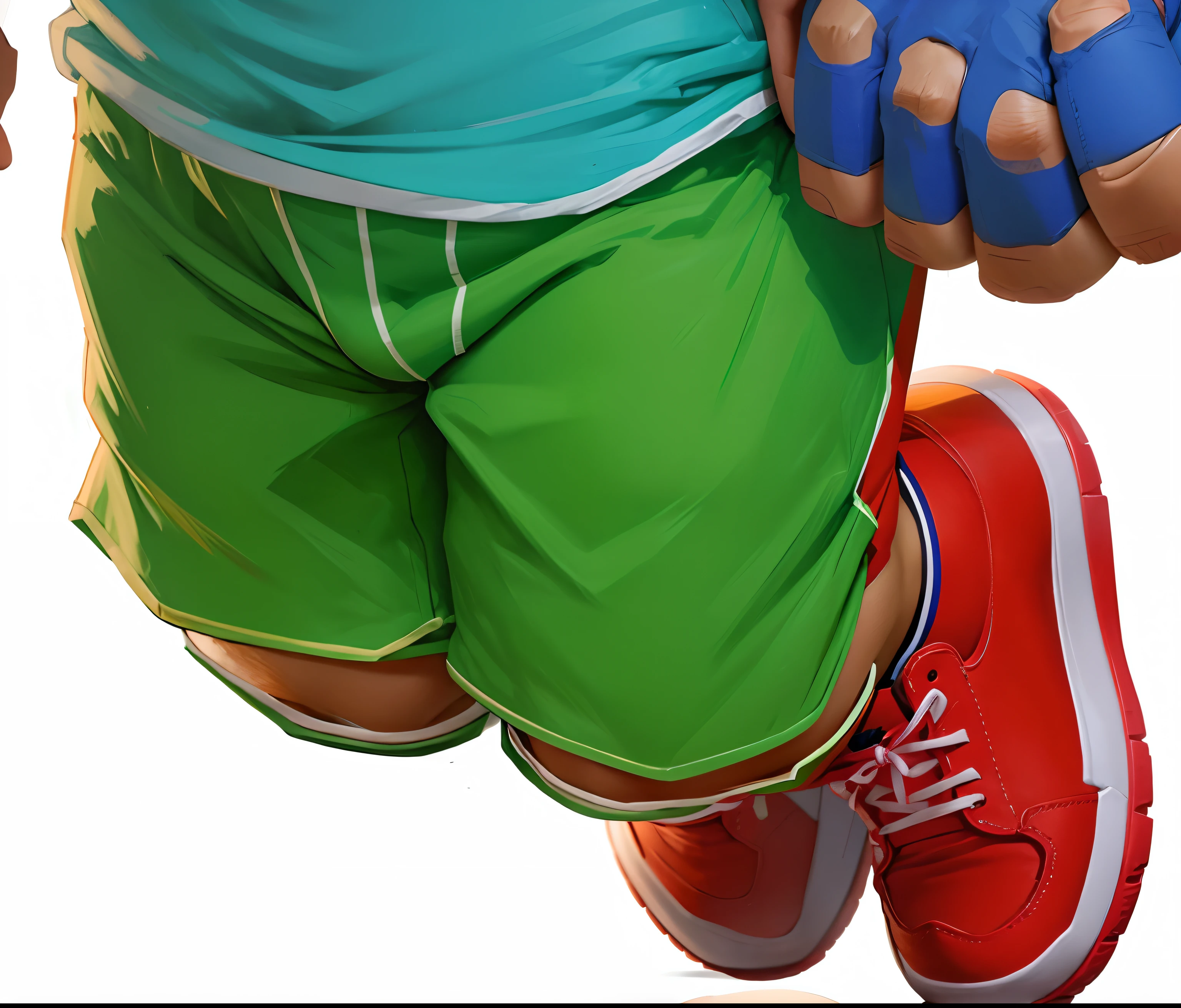 urso de desenho animado fazendo exercicios wod com ring row crossfit, bermuda verde, tenis nike jordan, luva azul