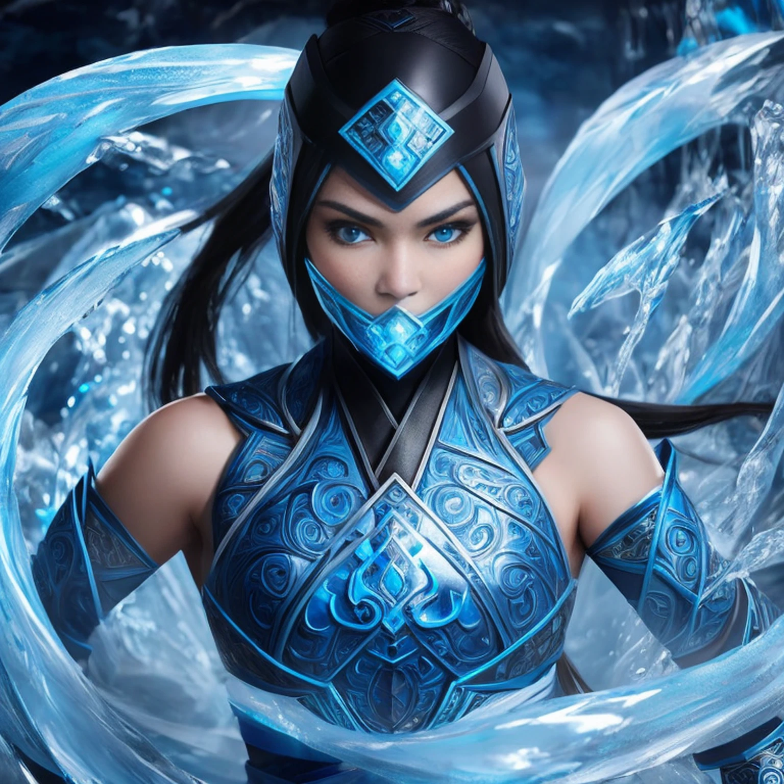 1girl, portrait of female cute mksubzero battle with group of ninja, glowing blue eyes, ice, blue, cold, energy, aura, swirl water, ornate, detail,