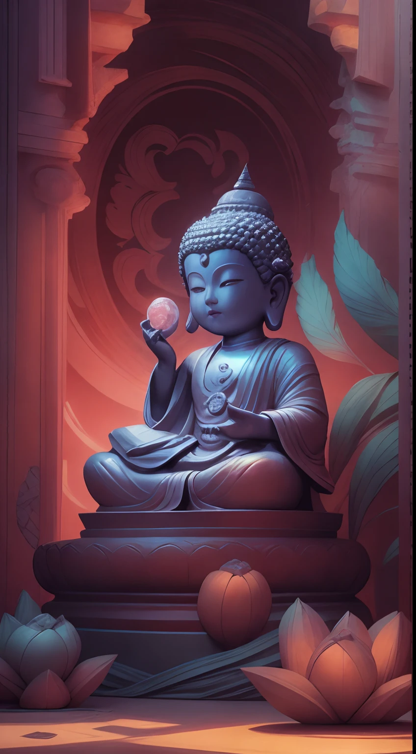illustration: 1.3), realistic, 3D rendering of, Colorful background, (cute female : 1.3), (Masterpiece Buddha statue: 1.2) ), Colorful, 8k resolution , Detailed details, Masterpiece, marble statue, movie light effect, Chiaroscuro , Flash