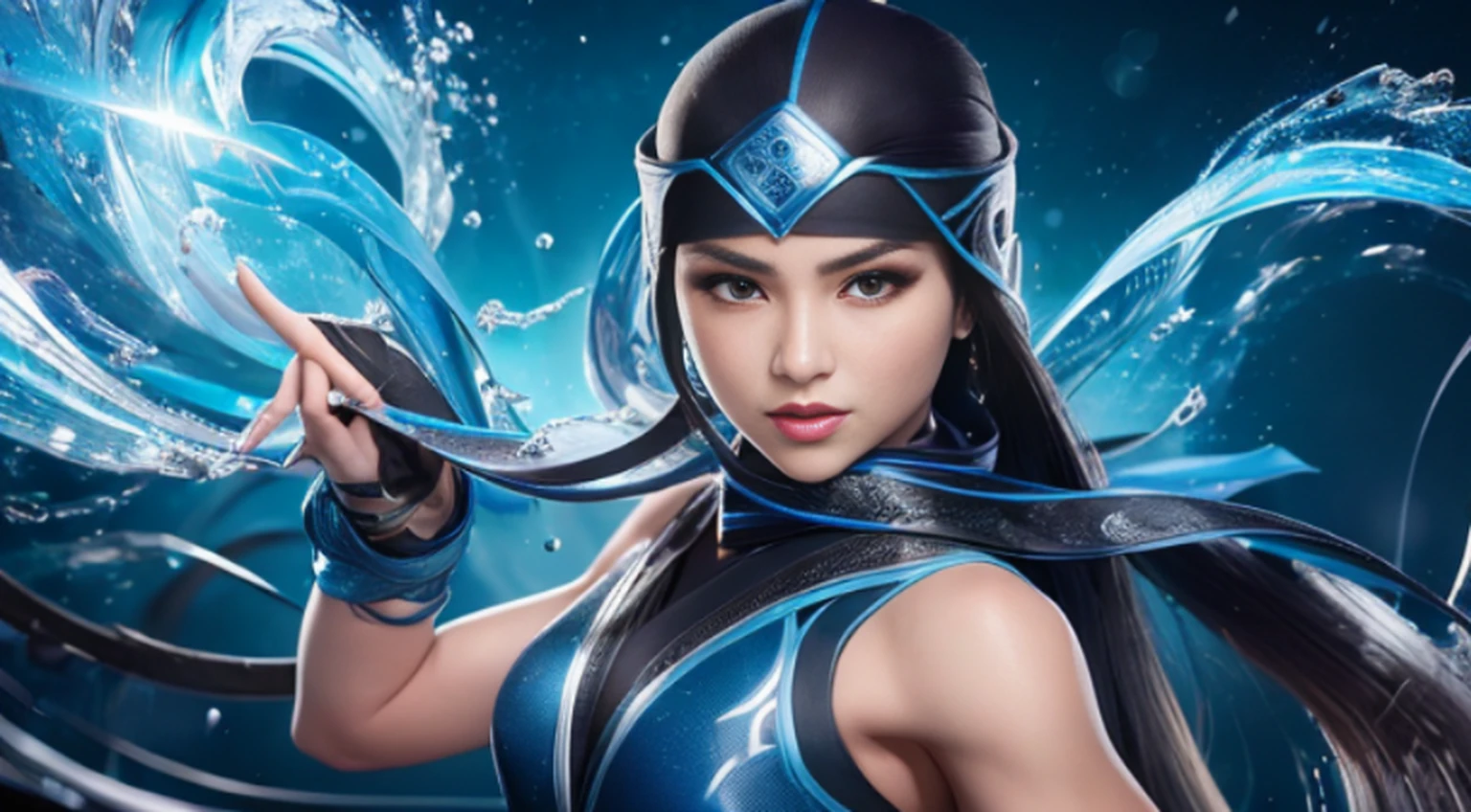 1girl, corpo inteiro e super detalhado, pose de batalha mksubzero bonito feminino com grupo de ninjas, olhos azuis brilhantes, gelo, azul, frio, energia, aura, Spinning water, ornamentado, detalhe,