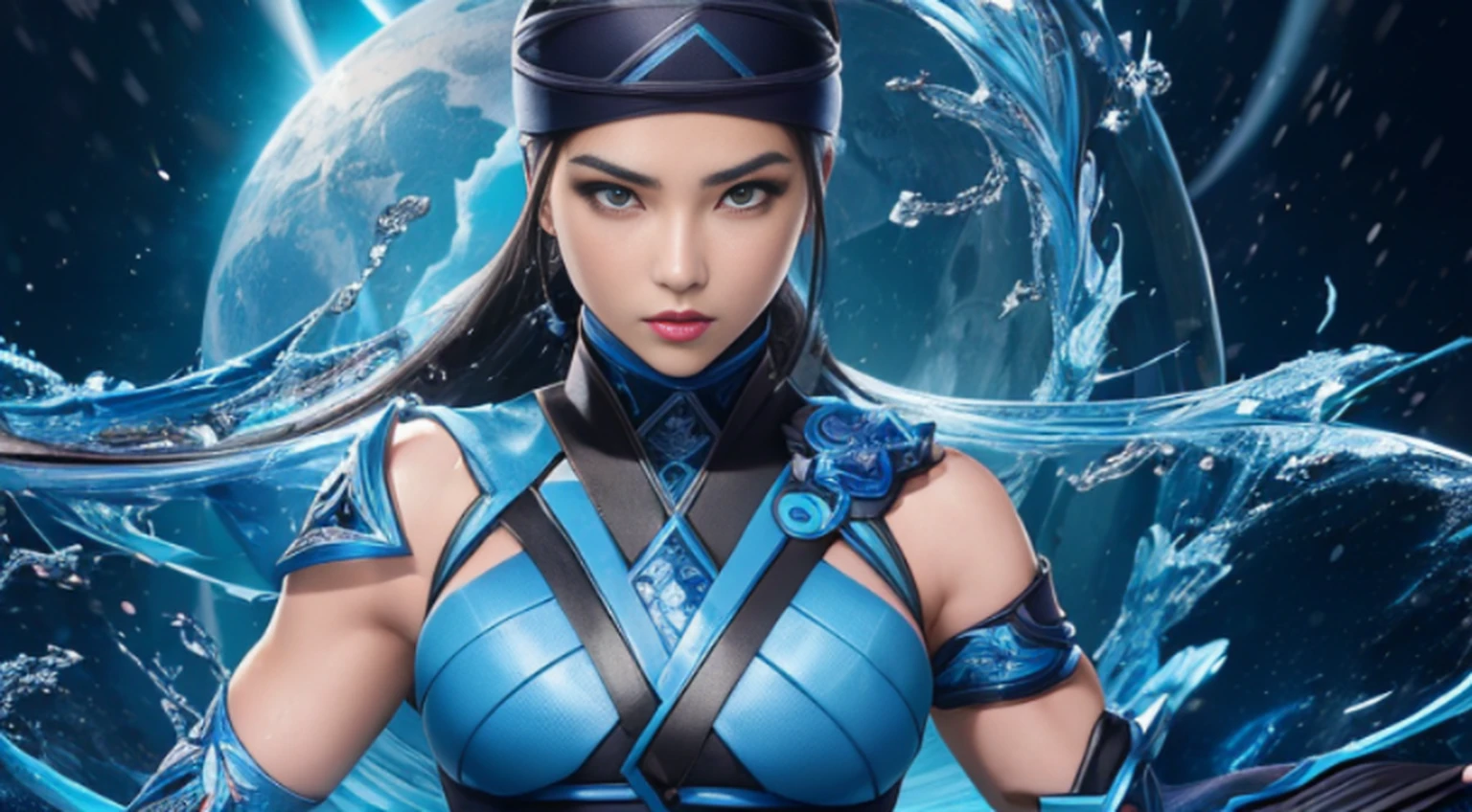 1girl, corpo inteiro e super detalhado, pose de batalha mksubzero bonito feminino com grupo de ninjas, olhos azuis brilhantes, gelo, azul, frio, energia, aura, Spinning water, ornamentado, detalhe,