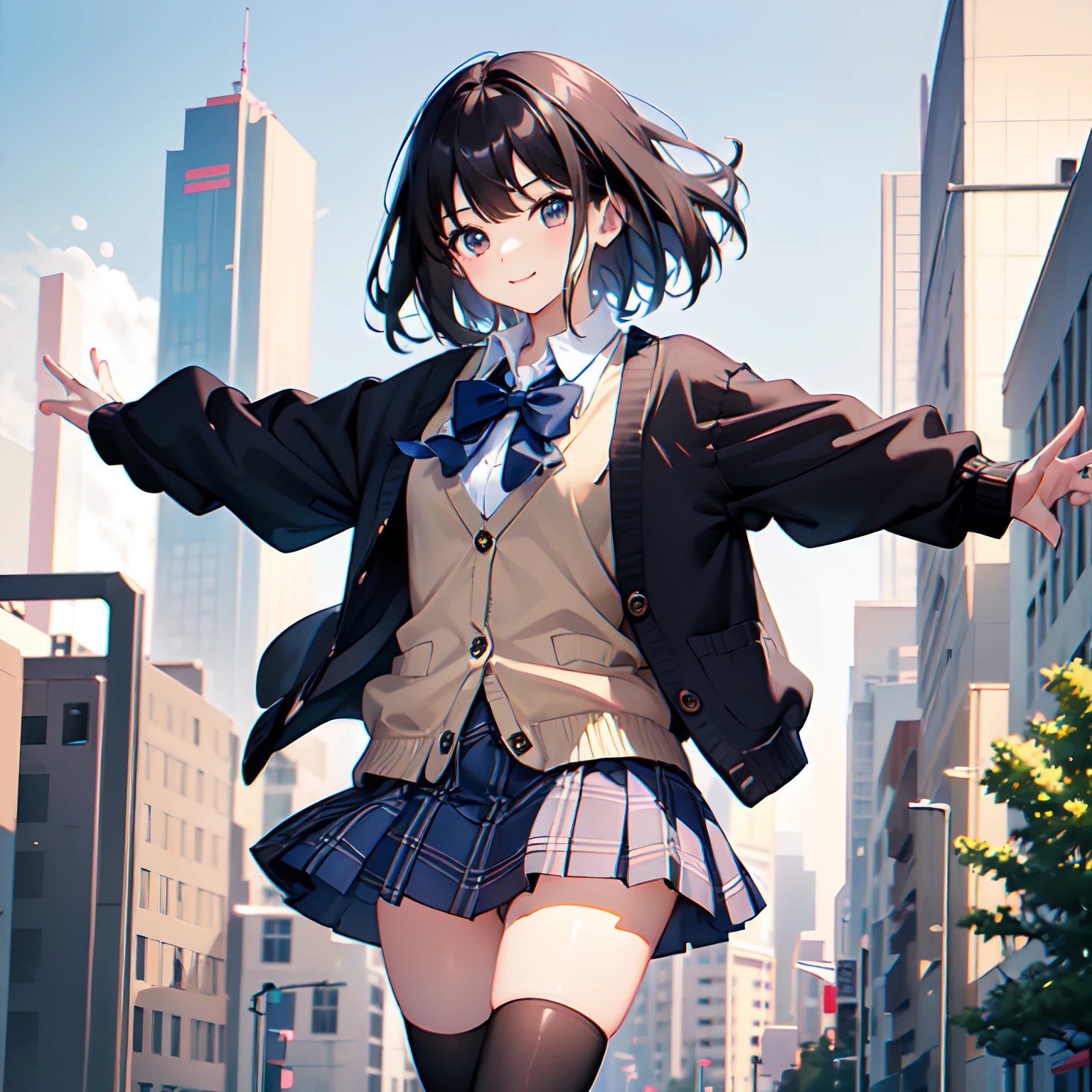 Super delicate and cute girl with black hair、1人、a 、14years、8K Ultra High Defition、Delicate texture、 Medium Hair、flat chest、(((Plaid mini skirt)))、(((Wearing a cardigan over a collared shirt)))、high socks、Plain clothe、Smiling