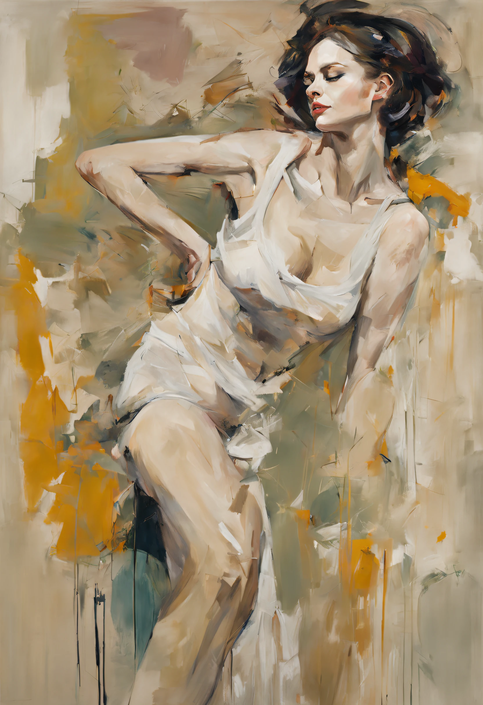 mulher::3 A dynamic neo-expressionist work in pale tones captures an intense moment of liberation as a figure who paints vigorously with boldness, Pinceladas.