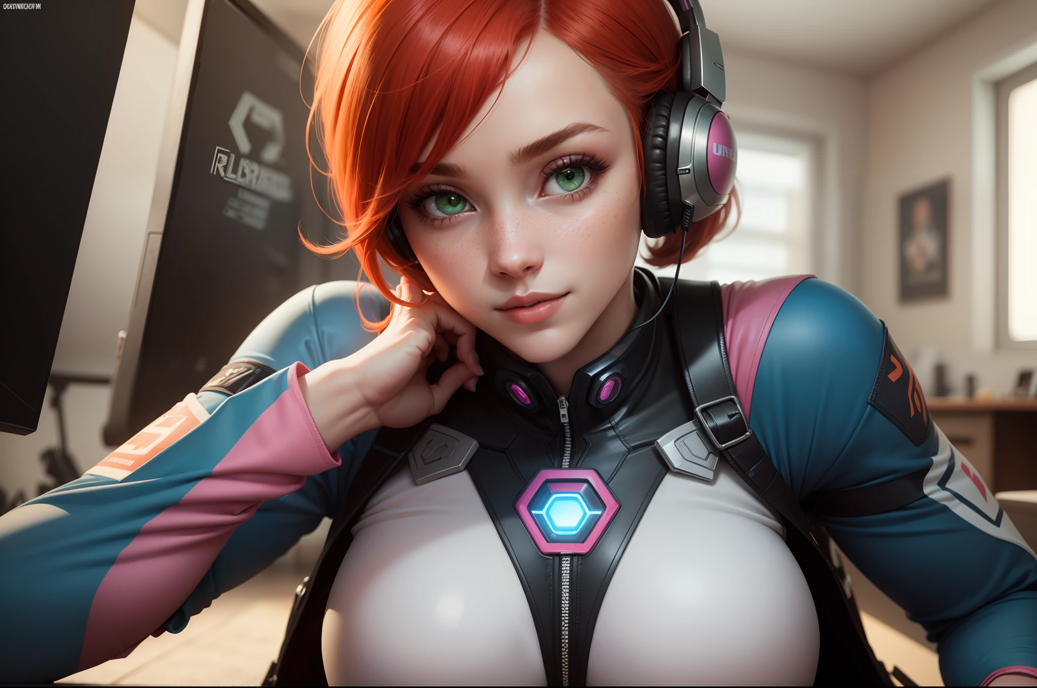 gwen tennyson,1girl,tracer,d.va,rebecca chambers,overwatch,gundam,close up,mecha pilot,spacecraft,orange and blue plugsuit,pilot jacket,hair pin,pirate corset,white long sleeve lycra top,white leggings,short hair,cute makeup,green eyes,orange and pink hair,shy smile, freckles,redhead,beautiful girl,large breasts,ultra detailed,realistic,fantasy art, gaming room,gaming headset,