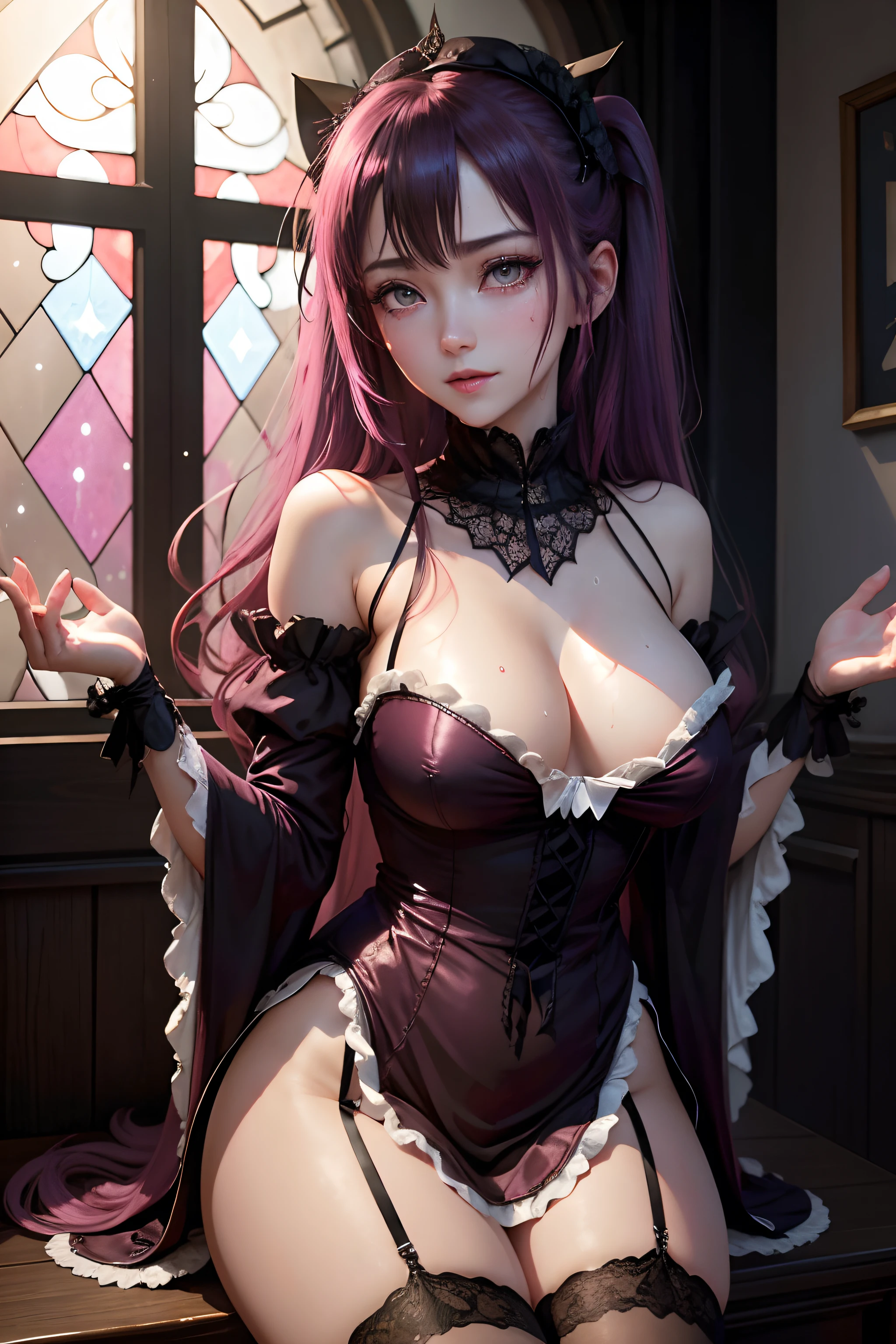 A sexy、Glamour、A slight smil、garterbelts、knee high socks、panthyhose、Beautifying the world、Unhappy、Lament my night's fantasy、Beautie、Beautiful shape、wretched、ghosts、wraiths、Evil Spirit、Beautiful、boredom、Unusual beauty、Bewitching、Fornication、Hard Dark Gothic Makeup、Maniacal、Deep night sky、horor、bell sleeves、Wizard Sleeve、twin-tail hair、Black Dark Eyeshadow、Visual Lock、slaves、crying how bright、mourn、Sad songs、Good skin luster、Lace pink、Long hair straight hair、Dark Gothic Makeup、Dark smile、An abnormal、Restless Palace、Kamimei、Pleasant look、Fragrant beauty、Smell、lovely、Kiss Face、age19、carriage、Lying、seductiv、from below looking up、 plump thighs、Strong sexual pleasure、masturbation、A look of shame、open your legs a little、maid clothes、Dark Gothic、Longer dress、Gothic ta、toilet、Toilet room、bath room、Get on your knees、Angle from below、An anguished look that seems to leak pee、Pink hair、Rub your crotch and feel good、It's a face that looks like it's going to sexually.、Stained glass background、closing eye、s asleep、Open your mouth wide、Glitter of sweat on the thighs、Glitter of sweat on the face、Glitter of sweat on your shoulders、