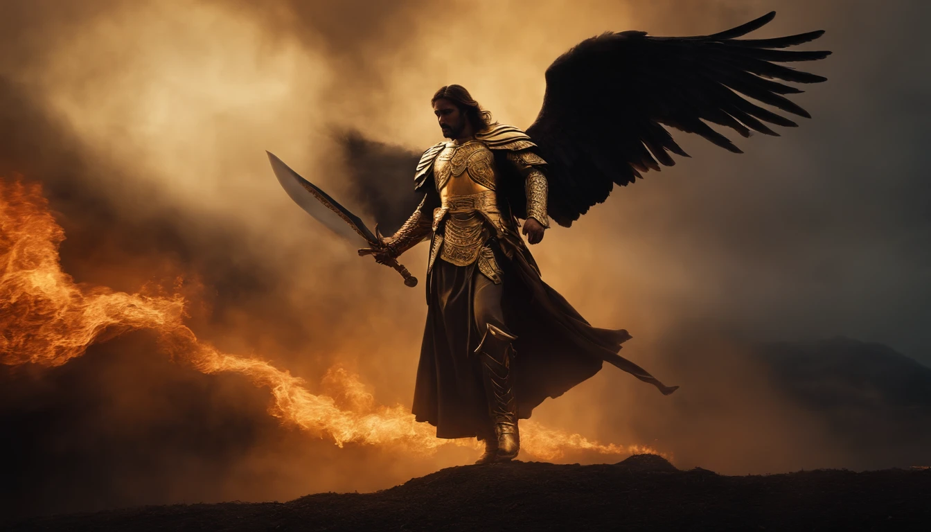Diabo ultrarrealista: A golden angel with wings spread with a sword of fire in his hand, Voando sobre um campo de batalha sombrio, Dark smoke setting