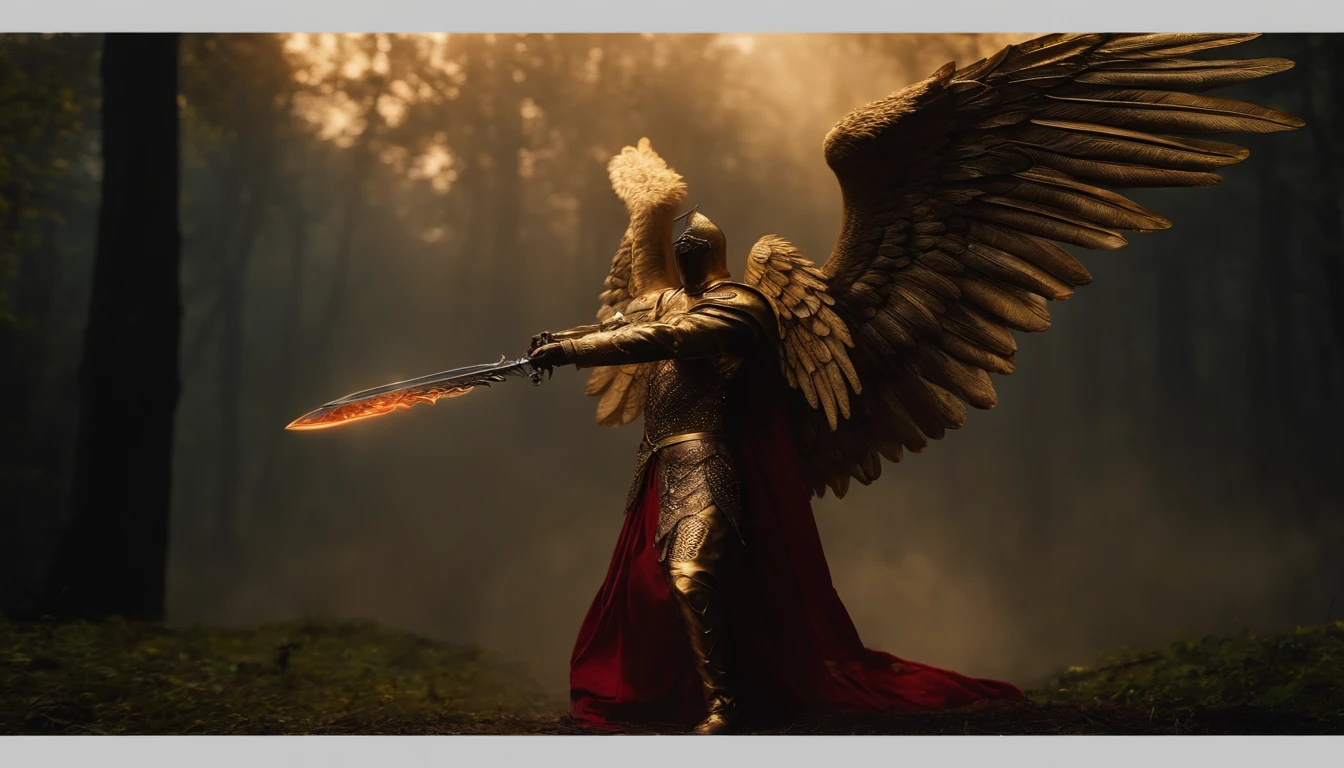 Diabo ultrarrealista: A golden angel with wings spread with a sword of fire in his hand, Voando sobre um campo de batalha sombrio, Dark smoke setting