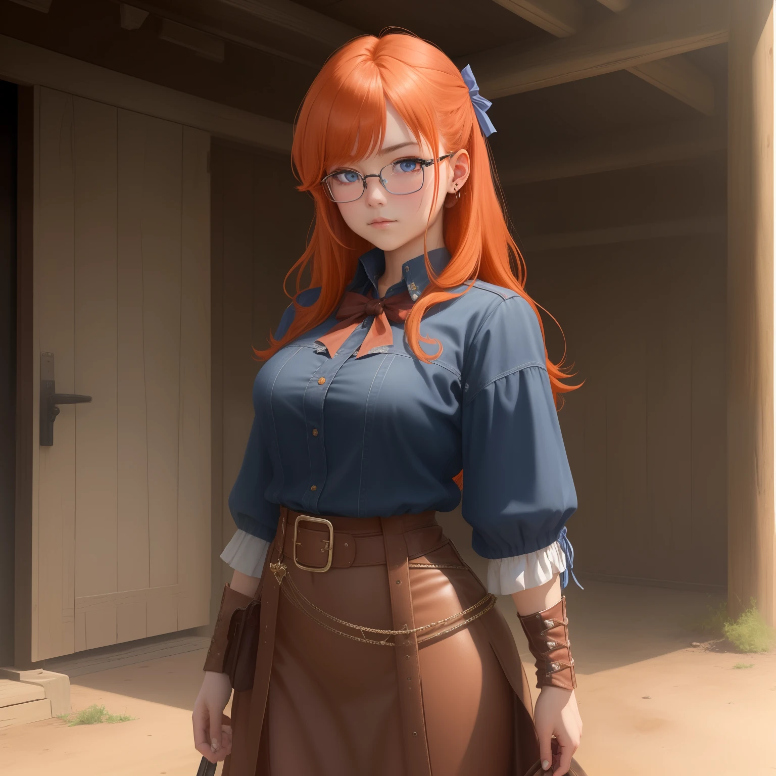 8k, masterpiece, best quality, realistic, higly detailed, cowboy shot, 1girl, solo, itsuki, serious looking girl, medium-length hair, expressive ahoge, reddish-orange hair, a pair of star-shaped hairpins near both of her eyes, dark blue eyes, average height, well-endowed figure, glasses, cute, Kindnesser