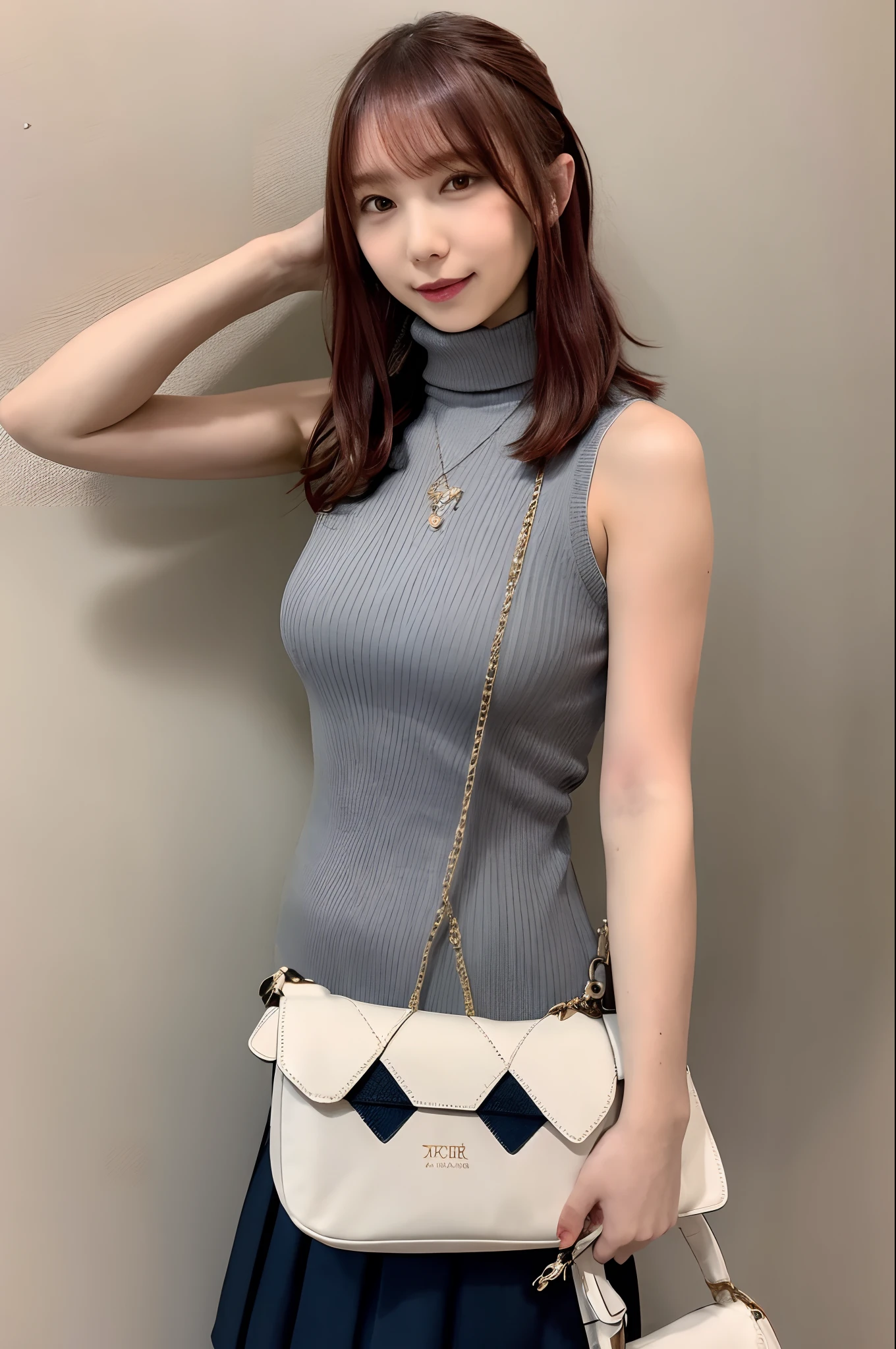 masutepiece, Best Quality, pixiv, Cowboy Shot, Red hair,
1girl in, breasts, blush, Sleeveless,Jewelry, Looking at Viewer, Skirt, Necklace, Solo, Bag, Sweaters, turtle neck, sleeveless turtleneck, Jacket, Sleeveless sweater, Long skirt, Medium Hair, Handbag