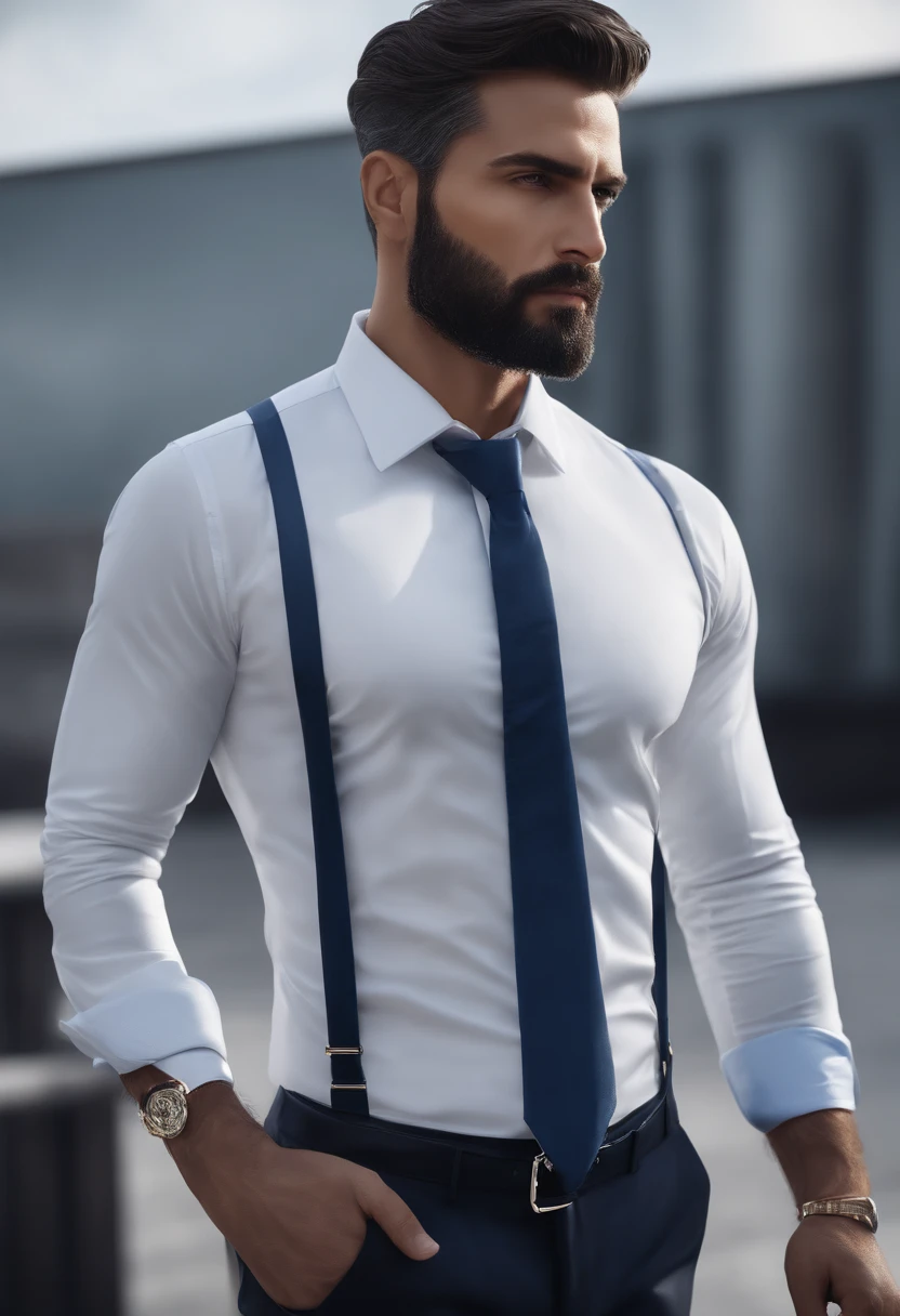 (Professional Man in Stylish Clothes), (Pas de barbe,) (yeux bleus) (portrait) Beautiful and serious appearance, dark blue hair, Elegant and elegant, and strong body very formal white shirt, (Realistic and high-quality image), ((Best quality, 8k, master piece). Ultra detailded. detailed skin. ultra realist