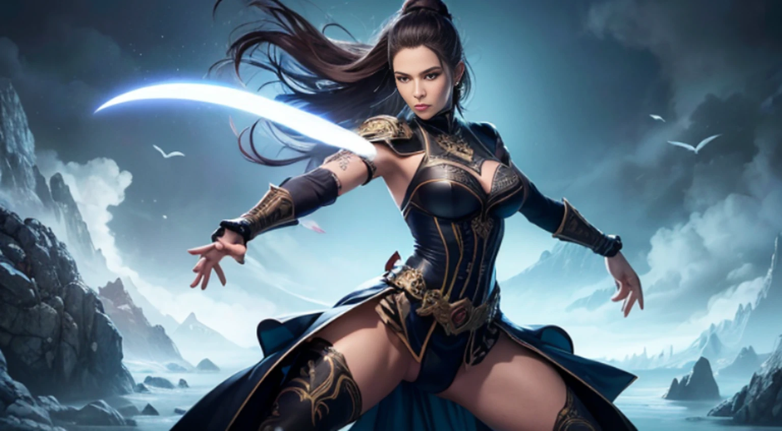 Sonia Blade from Mortal Kombat posing in a victory pose in her best outfit, (melhor qualidade, 4k, Altas, master part:1.2), ultra-detalhado, Realistic:1.37, Rosto e corpo detalhados, flowing hair, confident expression, cores vibrantes, guerreiro de artes marciais, olhos ferozes, intricate design patterns, foco nítido, postura poderosa, dynamic pose, Cinematic lighting, fantasy scenery, personagem de jogo de luta, belas paisagens ao fundo, atmosfera intensa, alto contraste, Shadows Dramatic, artistic composition, pintado digitalmente, arte conceitual do jogo, vibrant and energetic, iconic character, arte inspirada na cultura japonesa.