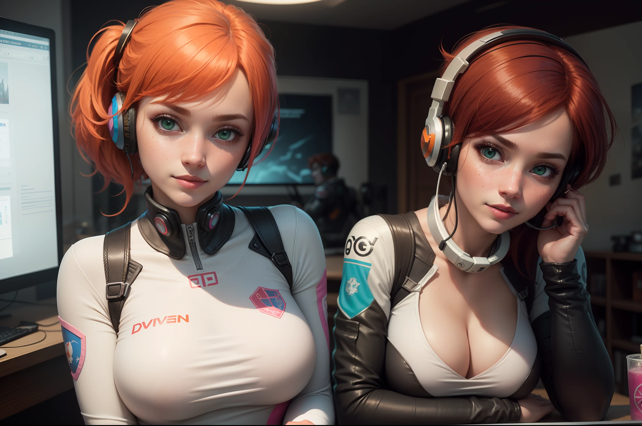 gwen tennyson,1girl,tracer,d.va,rebecca chambers,overwatch,gundam,close up,mecha pilot,spacecraft,orange and blue plugsuit,pilot jacket,hair pin,pirate corset,white long sleeve lycra top,white leggings,short hair,cute makeup,green eyes,orange and pink hair,shy smile, freckles,redhead,beautiful girl,large breasts,ultra detailed,realistic,fantasy art, gaming room,gaming headset,