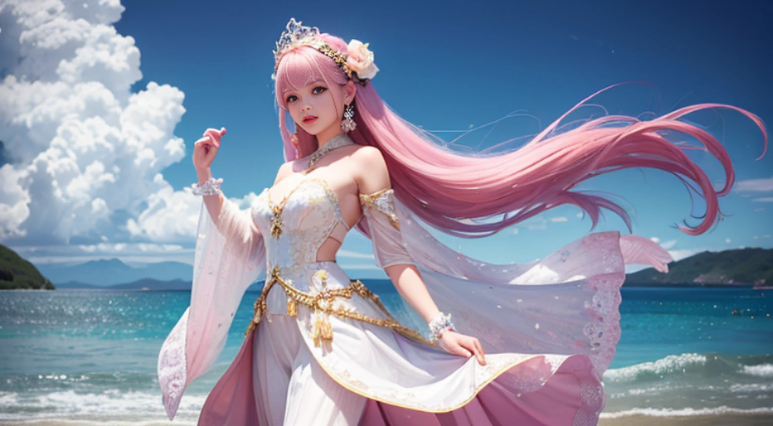 The little lady with long pink hair is on the scene in the world of the sea,It gives a sense of vitality and femininity。Her long hair was as soft as silk,Delicadamente coberta sobre os ombros,Dancing gently with the wind。Cada fio de cabelo exala um leve brilho,Parece ser iluminado pelo calor do sol。 Her hair color is a delicate pink,As bright and moving as a blooming flower。This color gives a fairytale feel,Era como uma princesa saindo do reino da fantasia。Realistic, Detailed and perfect appearance,Temperamento frio,Inadvertidamente escovando mil estilos,Joan's nose is delicate,The small cherry mouth is slightly hooked,(fotorrealista),(Pele super delicada)Long pink hair swayed gently with her movements,Apresenta um sentido de movimento e vida。The young woman is dressed in a fresh navy-themed outfit。Ela usa um xale rosa com uma textura de tule,It is embroidered with patterns of marine life,Como peixes pequenos、Estrelas do mar e corais。The edges of the shawl are decorated with fluffy feathers,Deixa todo o look mais leve。Her dress is made of blue and white, like the ripples of waves。A bainha da saia tem uma camada de fios fofos transparentes,It flows like a ripple of water,Era como se pequenas ondas estivessem batendo contra o recife。The waist of the skirt is embellished with sequins and shell ornaments,Como uma joia marinha brilhante。A jovem pisou em um par de salto agulha rosa,The upper part is inlaid with motifs of pearls and marine elements,Deixe todo o seu visual mais perfeito。She wears a pale pink pearl bracelet in her hand,Vai bem com a cor do cabelo。 No ambiente do mundo marinho,A pequena senhora com longos cabelos cor-de-rosa tornou-se uma bela paisagem。The details of their clothes and physical features show their unique charm,Gives a feeling of freshness、romantic feeling。